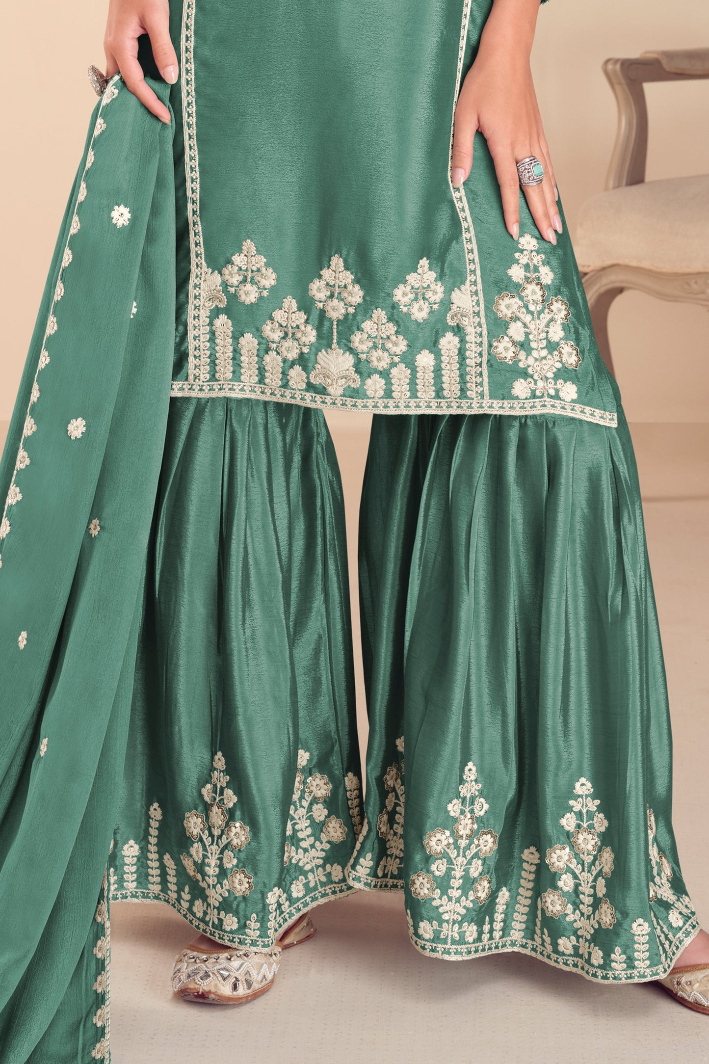 Green Readymade Embroidered Chinon Sharara Suit-SAR12184_4_SareeButa.com