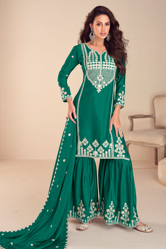 Green Readymade Embroidered Chinon Sharara Suit-SAR12190_1_SareeButa.com