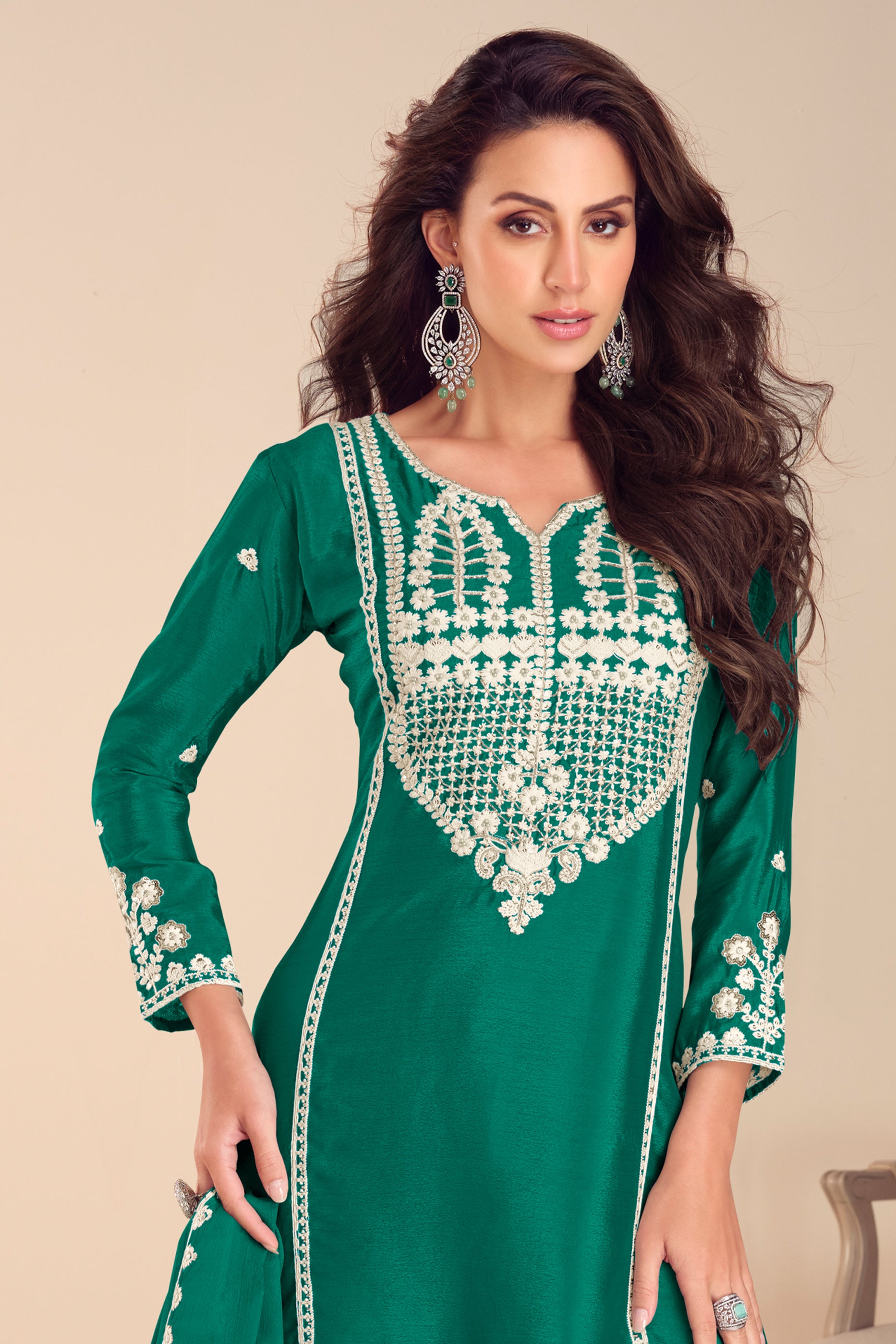 Green Readymade Embroidered Chinon Sharara Suit-SAR12190_3_SareeButa.com