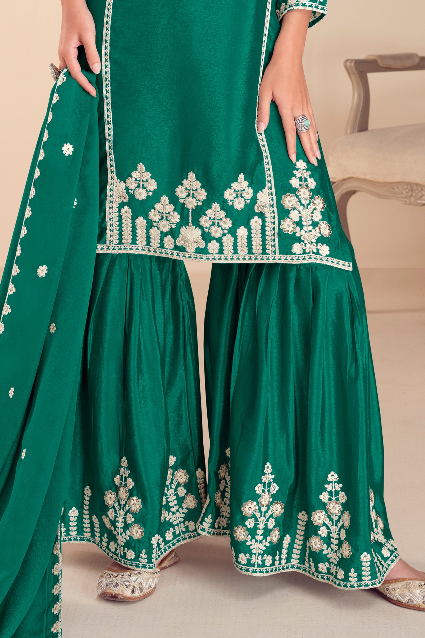 Green Readymade Embroidered Chinon Sharara Suit-SAR12190_4_SareeButa.com