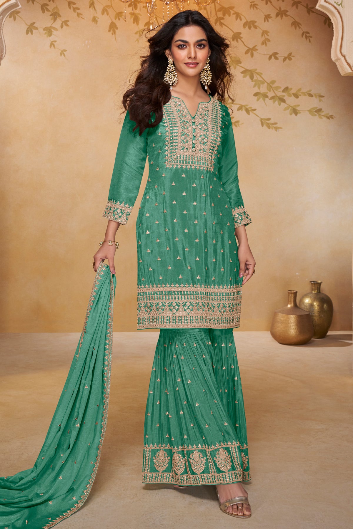 Green Readymade Embroidered Chinon Sharara Suit-SAR13322_1_SareeButa.com