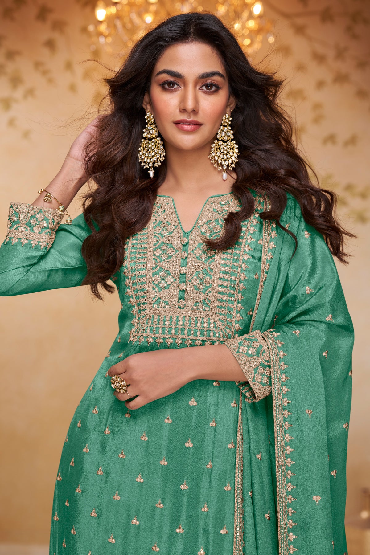 Green Readymade Embroidered Chinon Sharara Suit-SAR13322_2_SareeButa.com