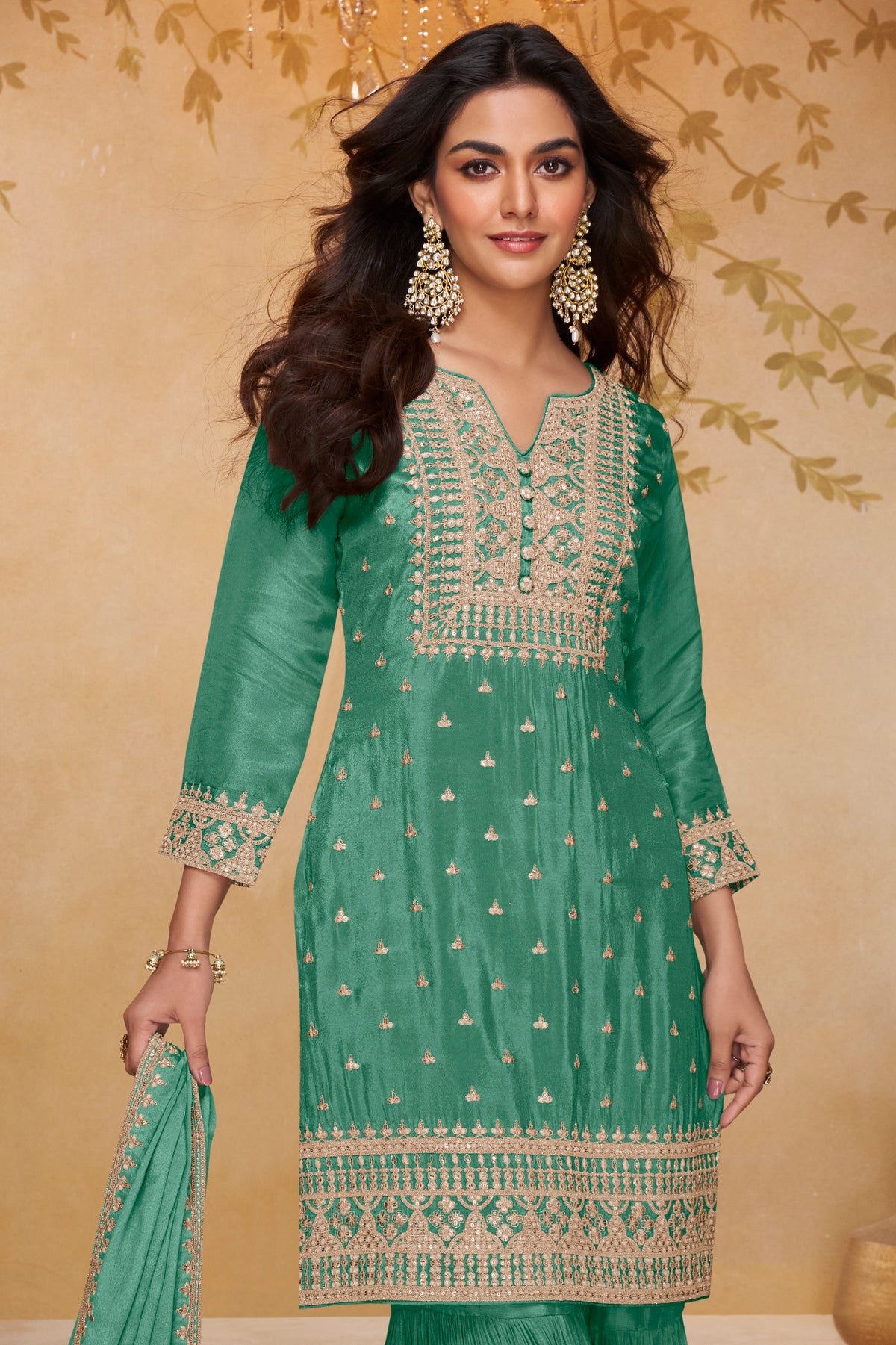 Green Readymade Embroidered Chinon Sharara Suit-SAR13322_3_SareeButa.com
