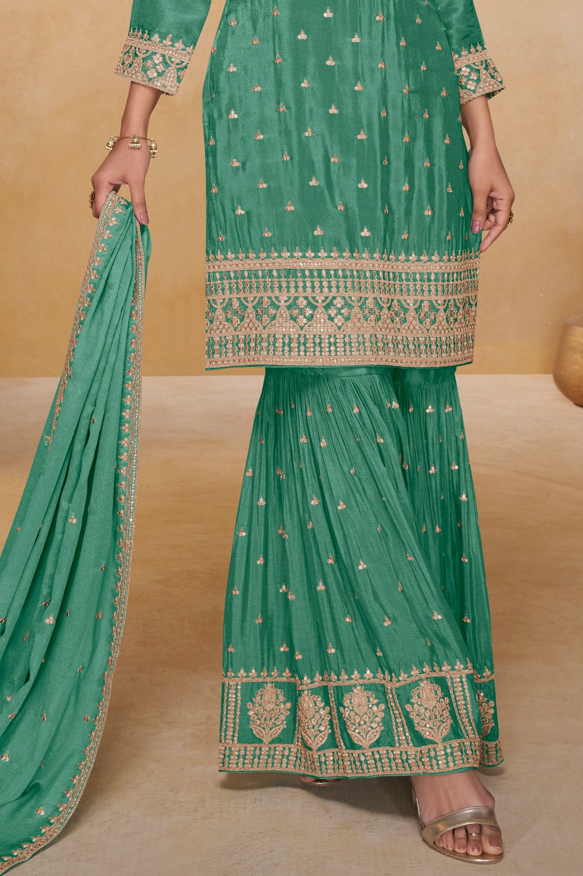 Green Readymade Embroidered Chinon Sharara Suit-SAR13322_4_SareeButa.com