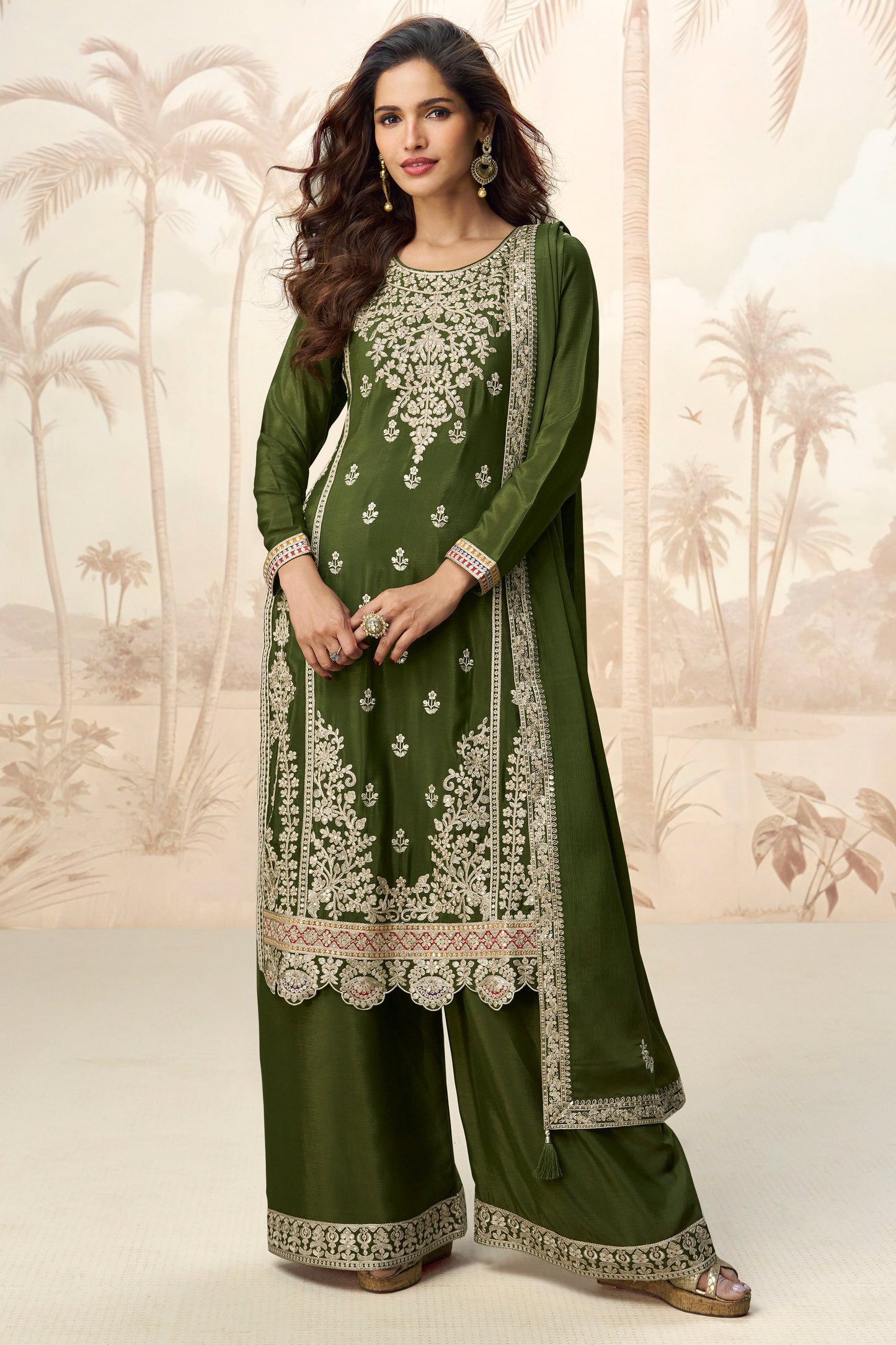 Green Readymade Embroidered Chinon Silk Palazzo Suit-SS741_1_SareeButa.com