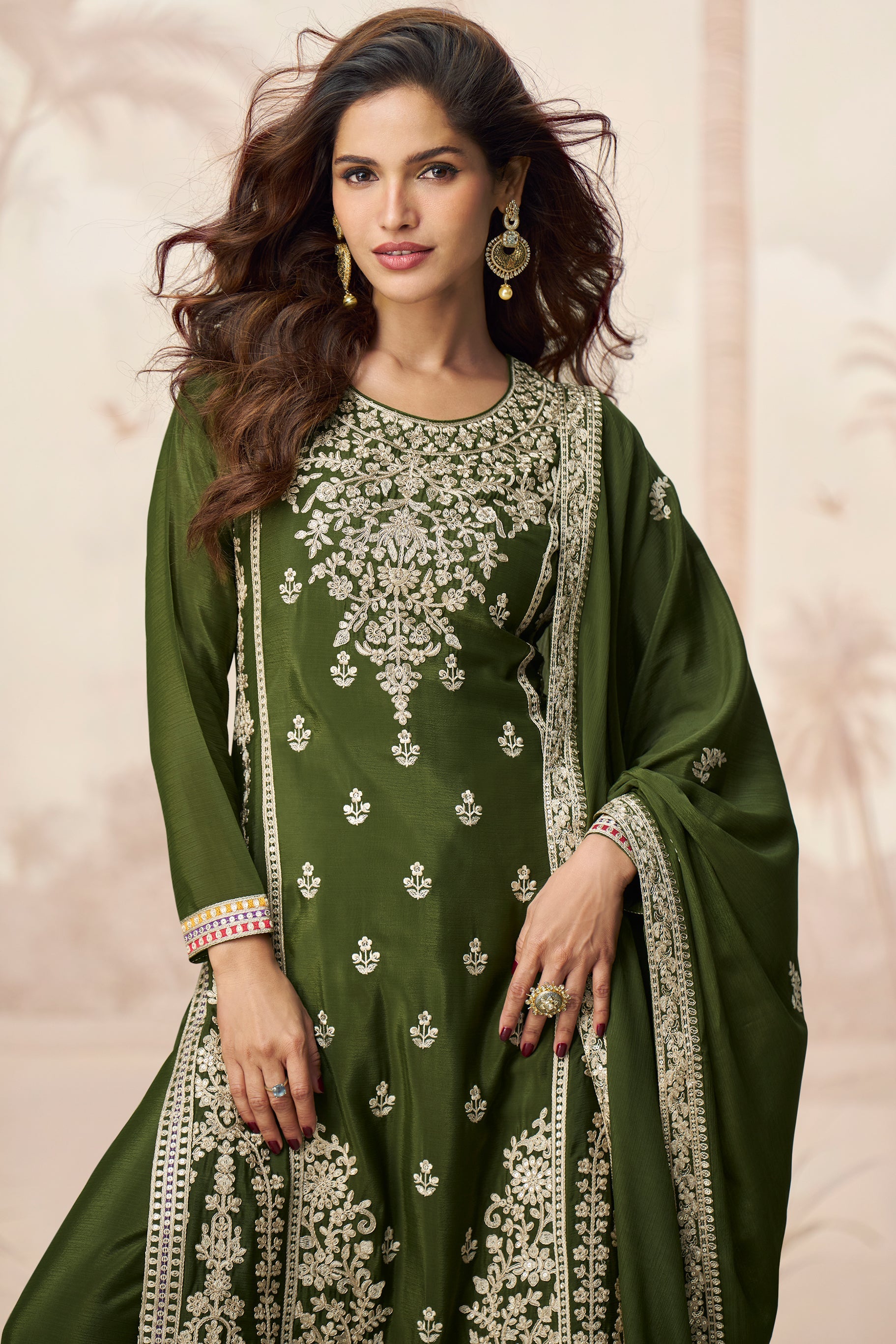 Green Readymade Embroidered Chinon Silk Palazzo Suit-SS741_2_SareeButa.com