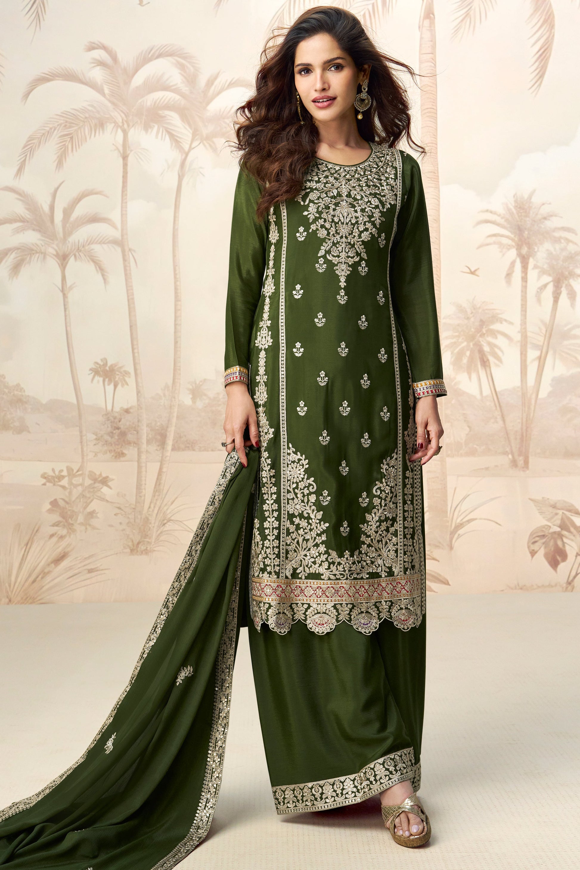 Green Readymade Embroidered Chinon Silk Palazzo Suit-SS741_4_SareeButa.com