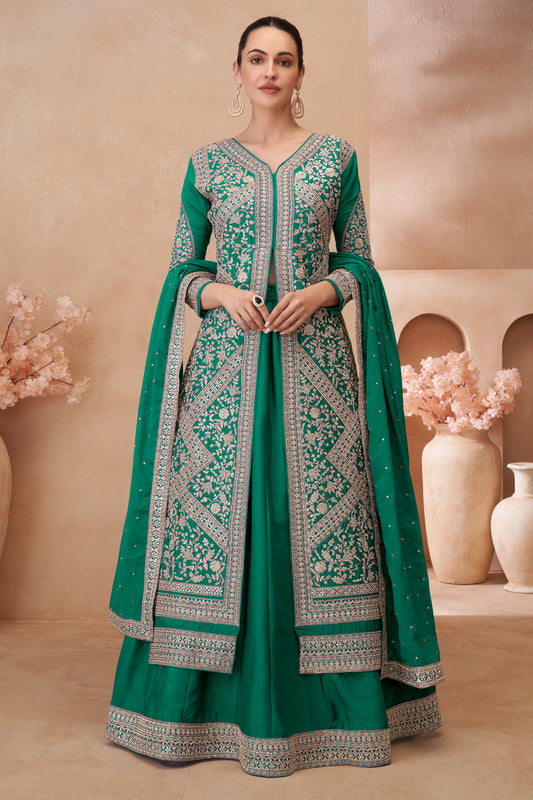 Green Readymade Embroidered Chinon Silk Skirt Suit-SAR12183_1_SareeButa.com
