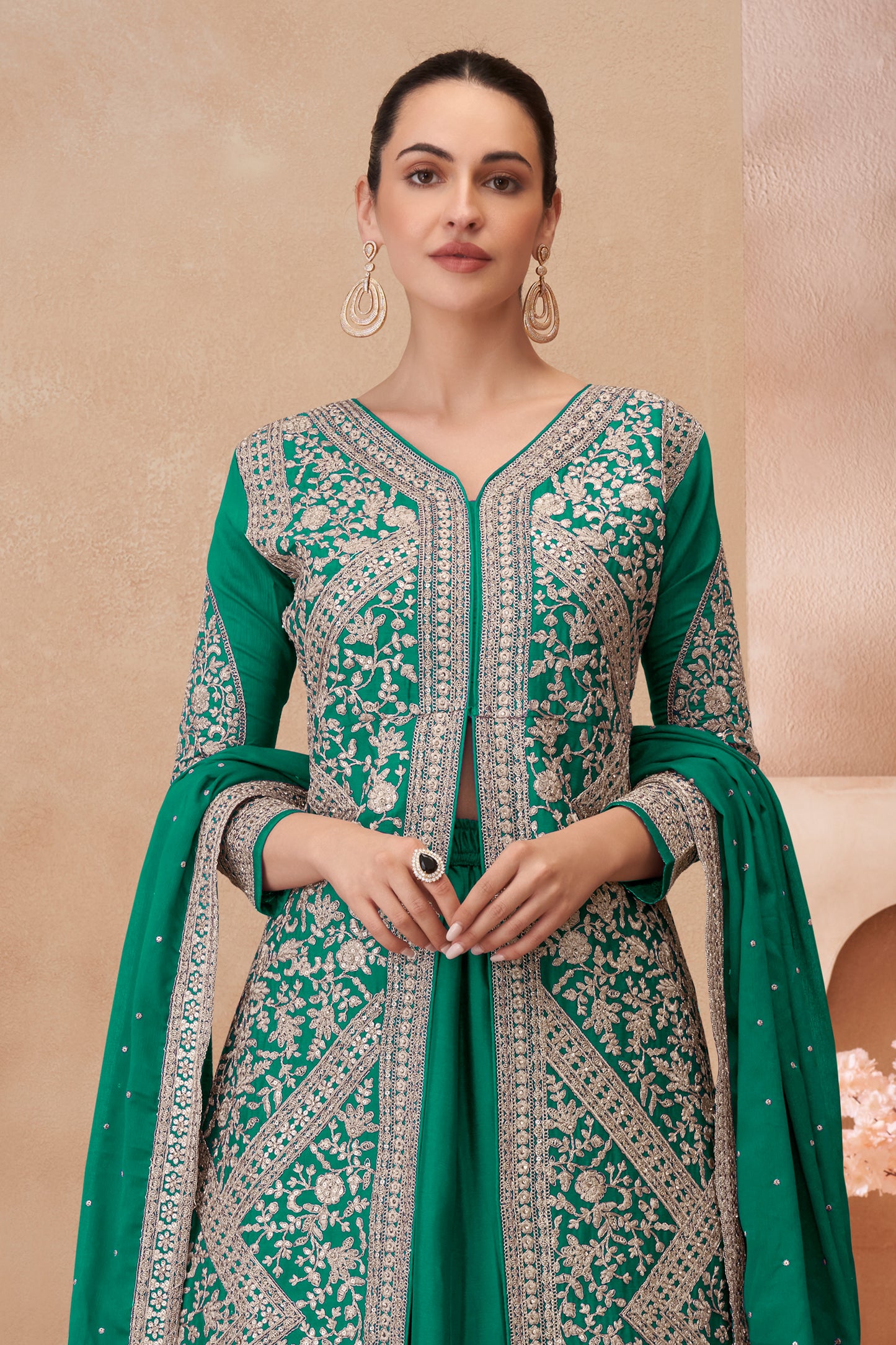 Green Readymade Embroidered Chinon Silk Skirt Suit-SAR12183_3_SareeButa.com