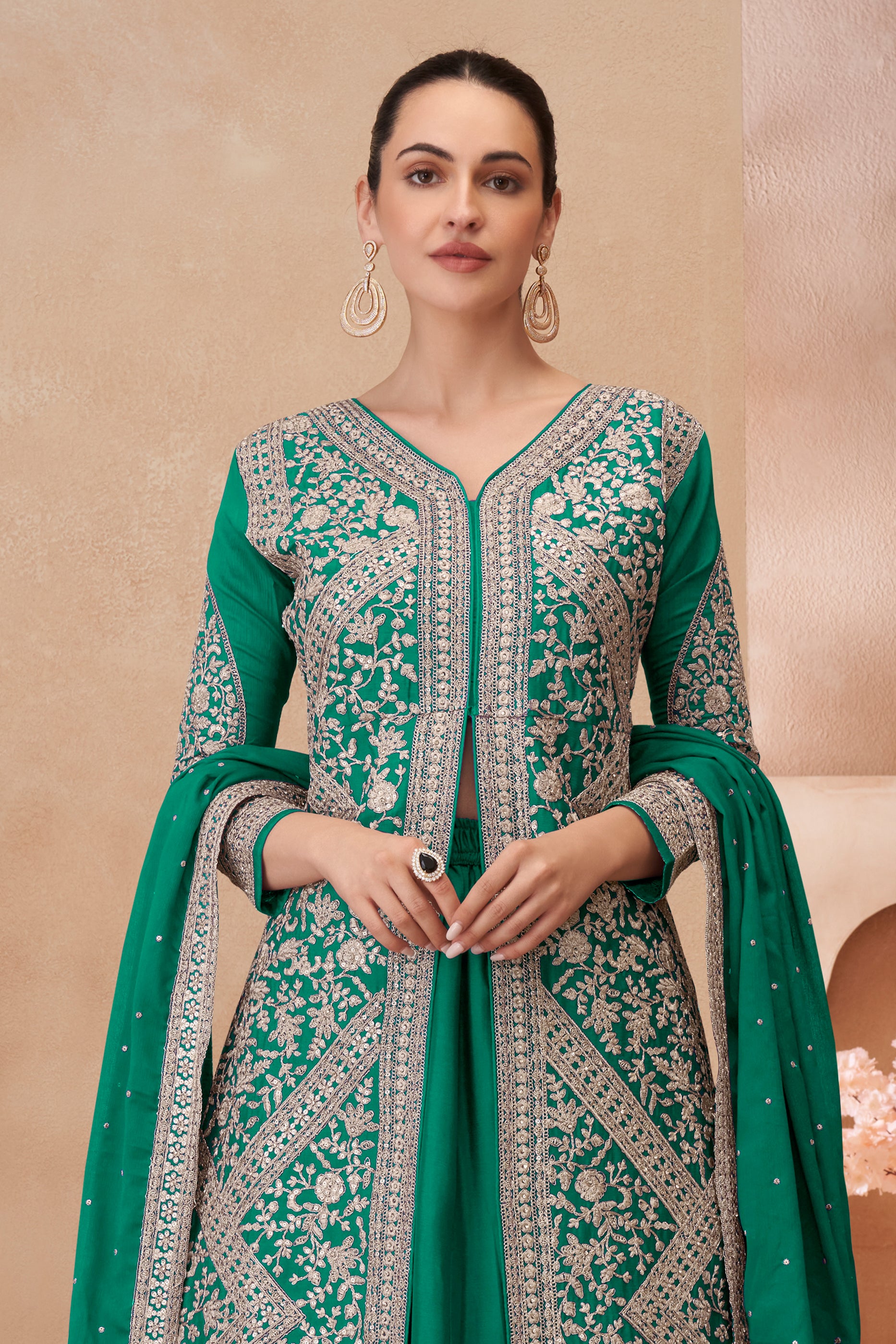 Green Readymade Embroidered Chinon Silk Skirt Suit-SAR12183_3_SareeButa.com