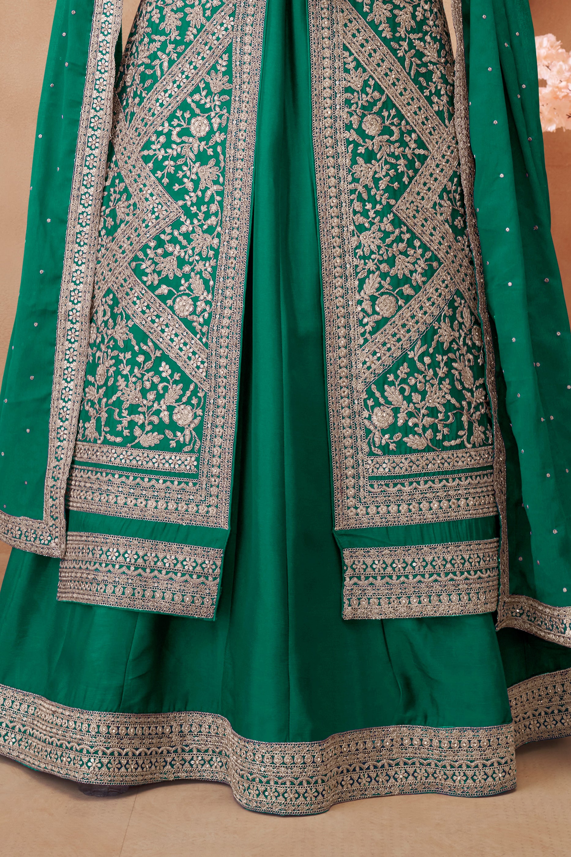 Green Readymade Embroidered Chinon Silk Skirt Suit-SAR12183_4_SareeButa.com