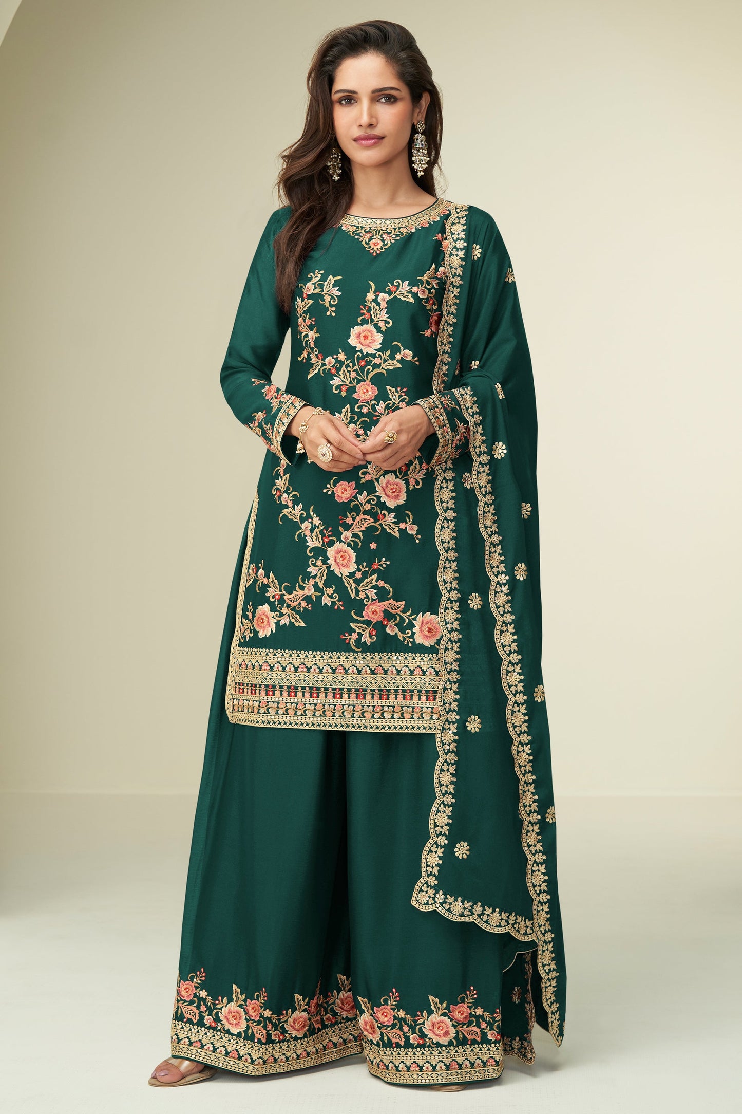 Green Readymade Embroidered Chinon Silk Suit-SAR10525_1_SareeButa.com