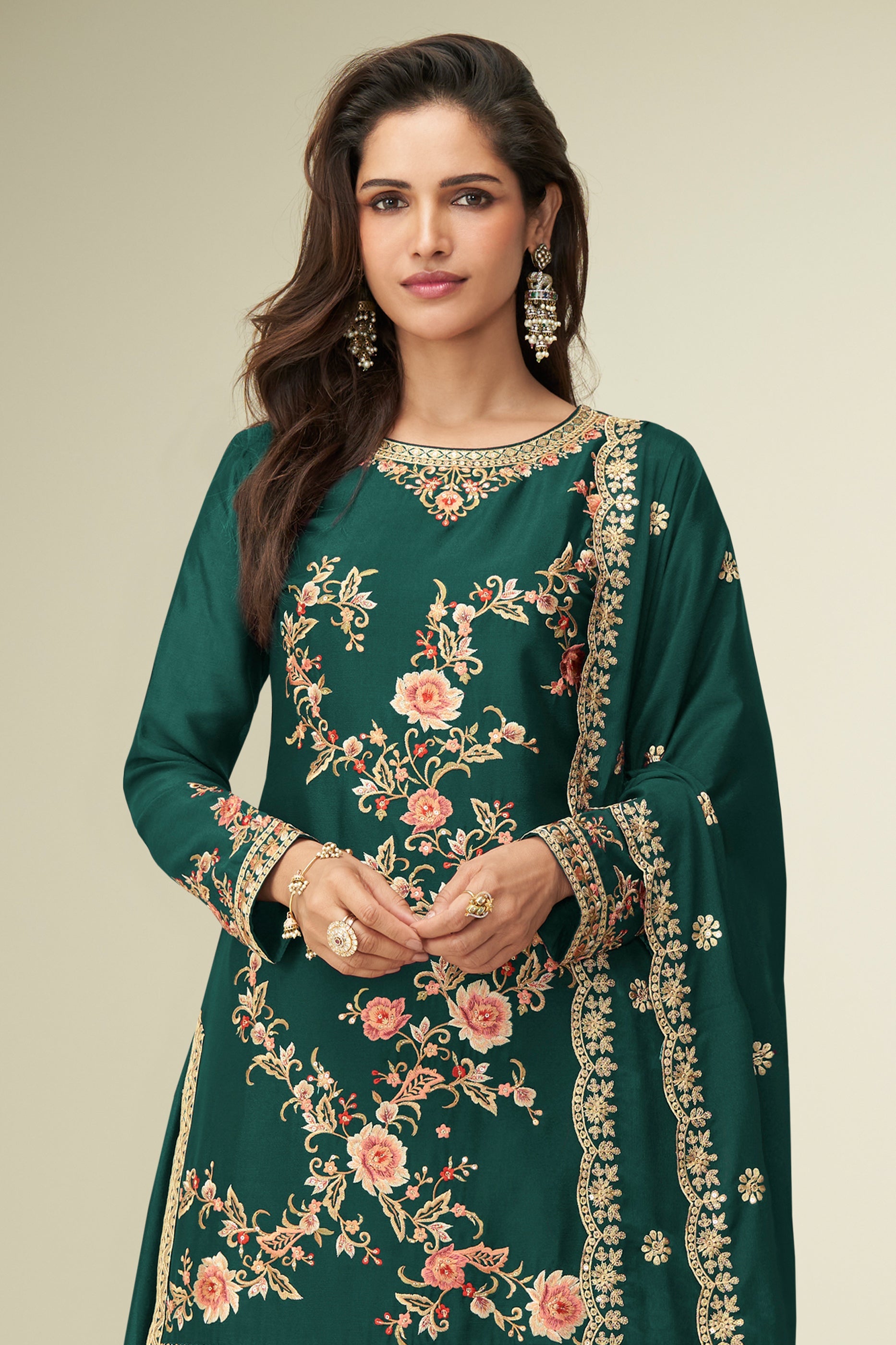 Green Readymade Embroidered Chinon Silk Suit-SAR10525_3_SareeButa.com