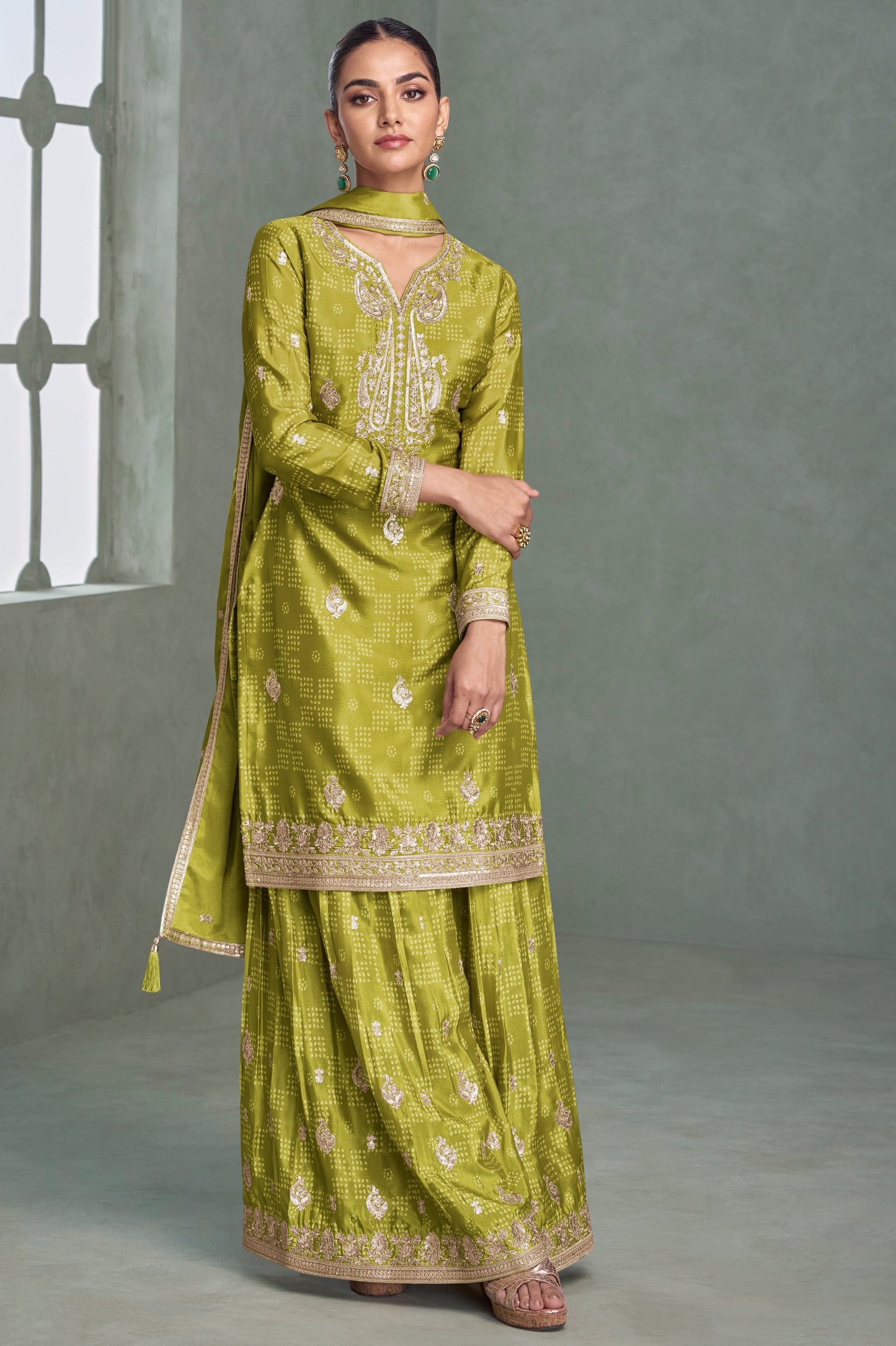 Green Readymade Embroidered Chinon Silk Suit-SS656_1_SareeButa.com