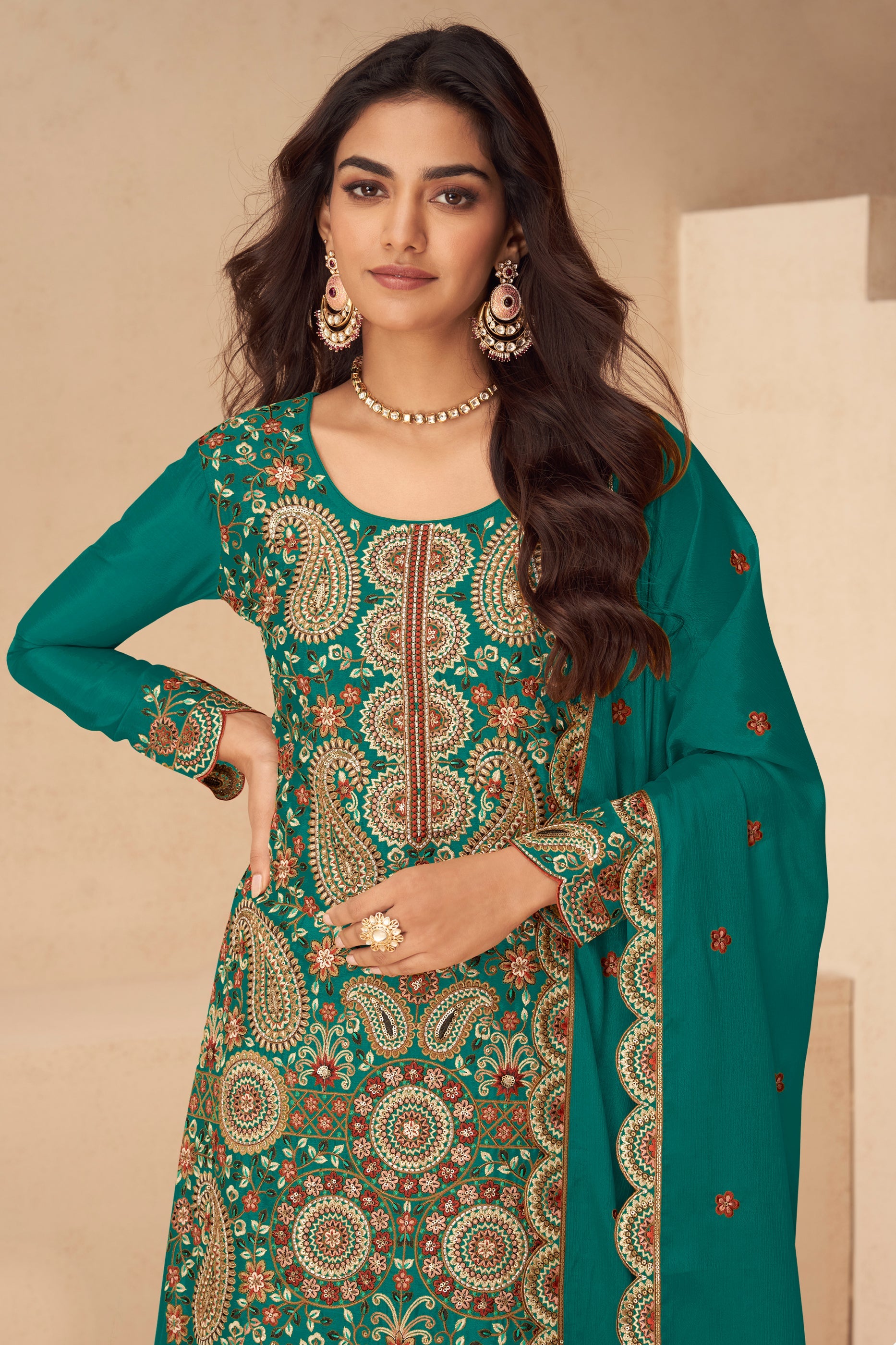 Green Readymade Embroidered Chinon Suit-SAR10498_2_SareeButa.com