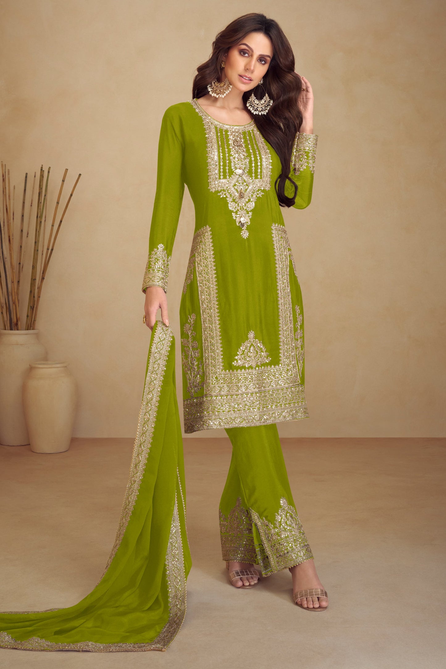 Green Readymade Embroidered Chinon Suit-SAR10809_1_SareeButa.com