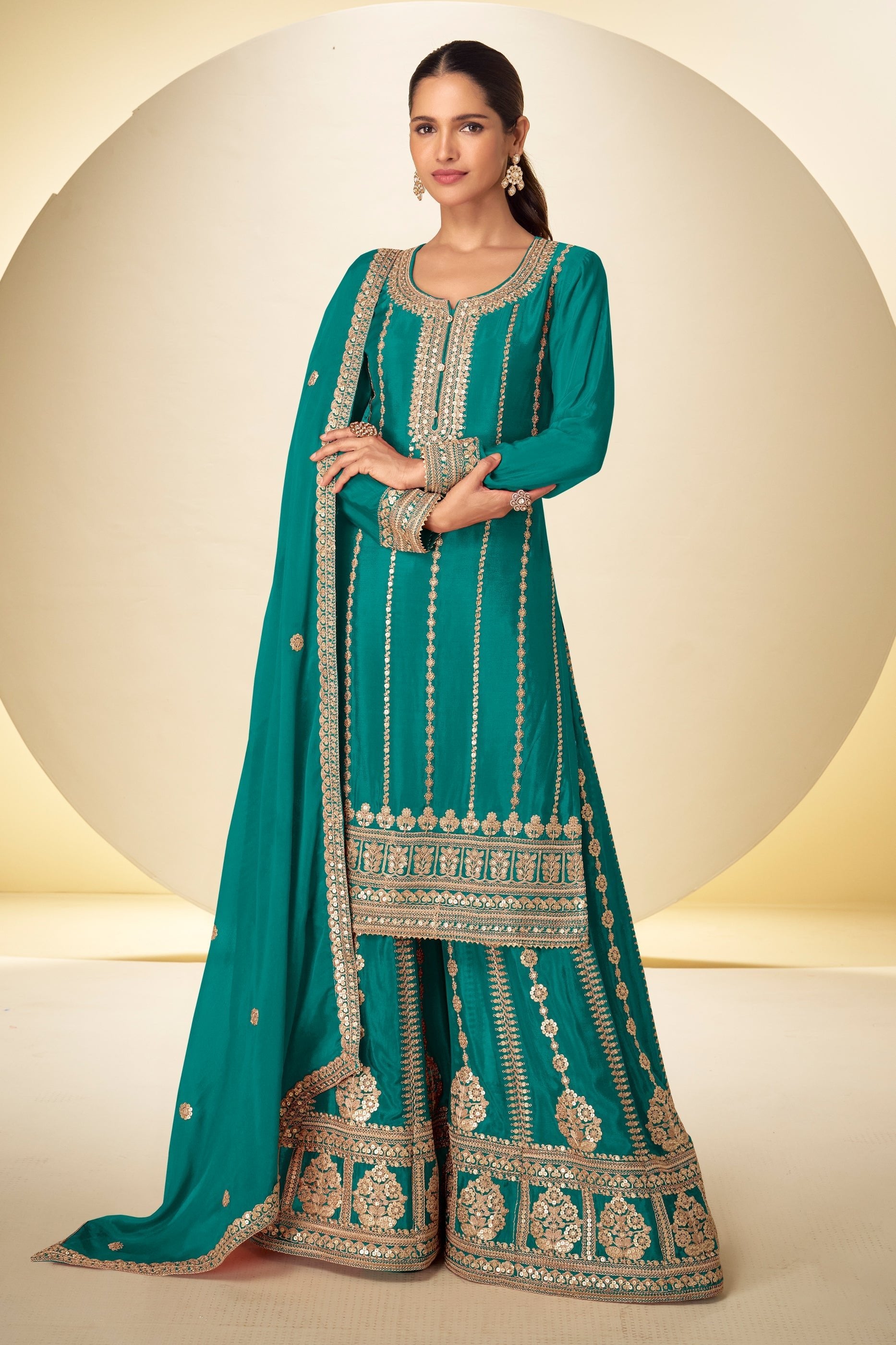 Green Readymade Embroidered Chinon Suit-SAR11626_1_SareeButa.com