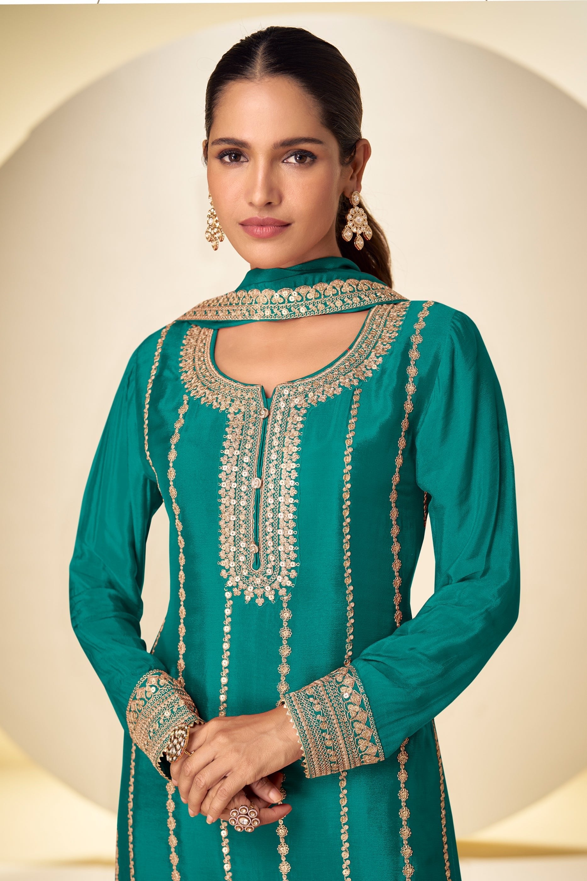 Green Readymade Embroidered Chinon Suit-SAR11626_2_SareeButa.com