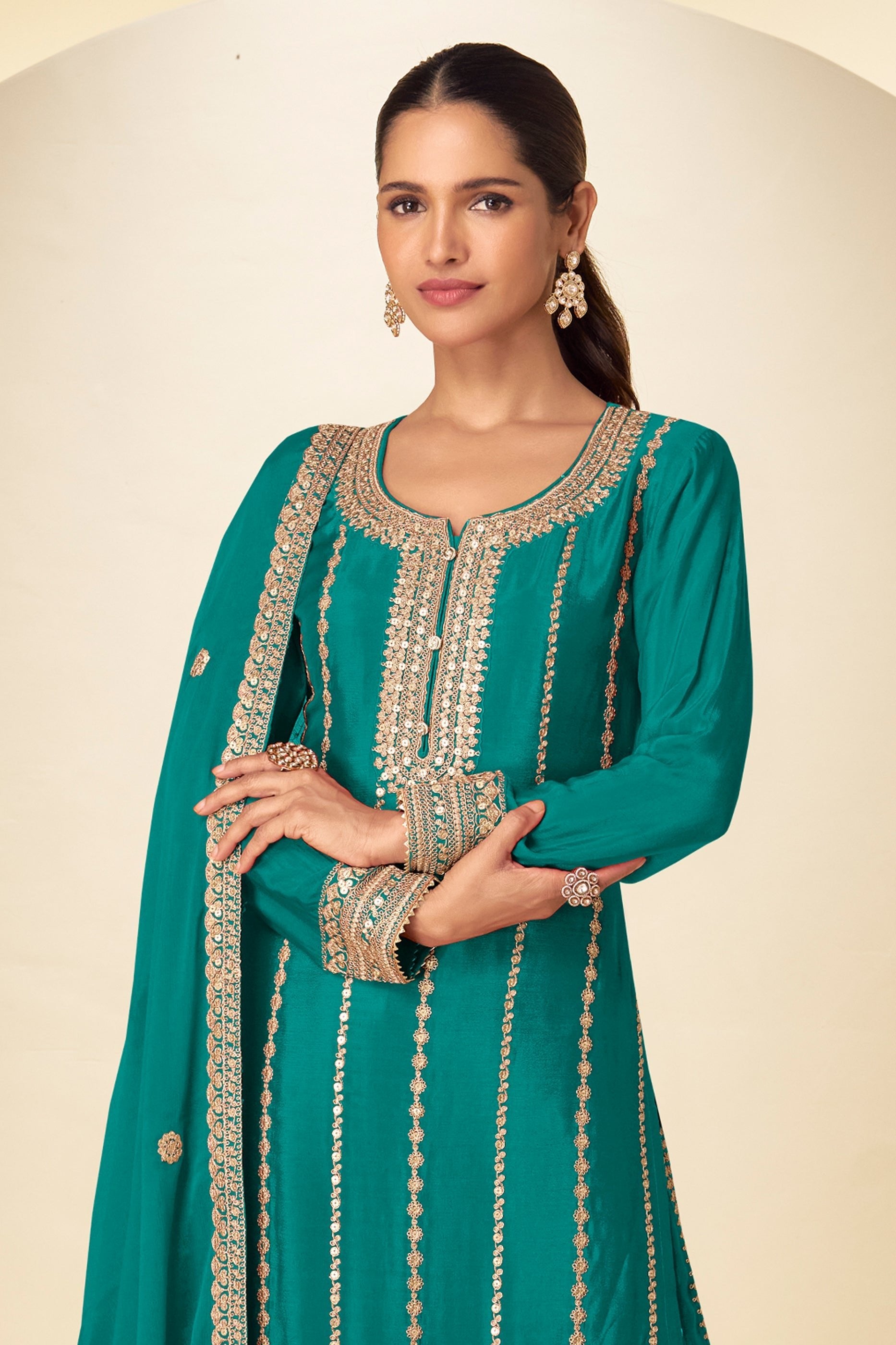 Green Readymade Embroidered Chinon Suit-SAR11626_3_SareeButa.com