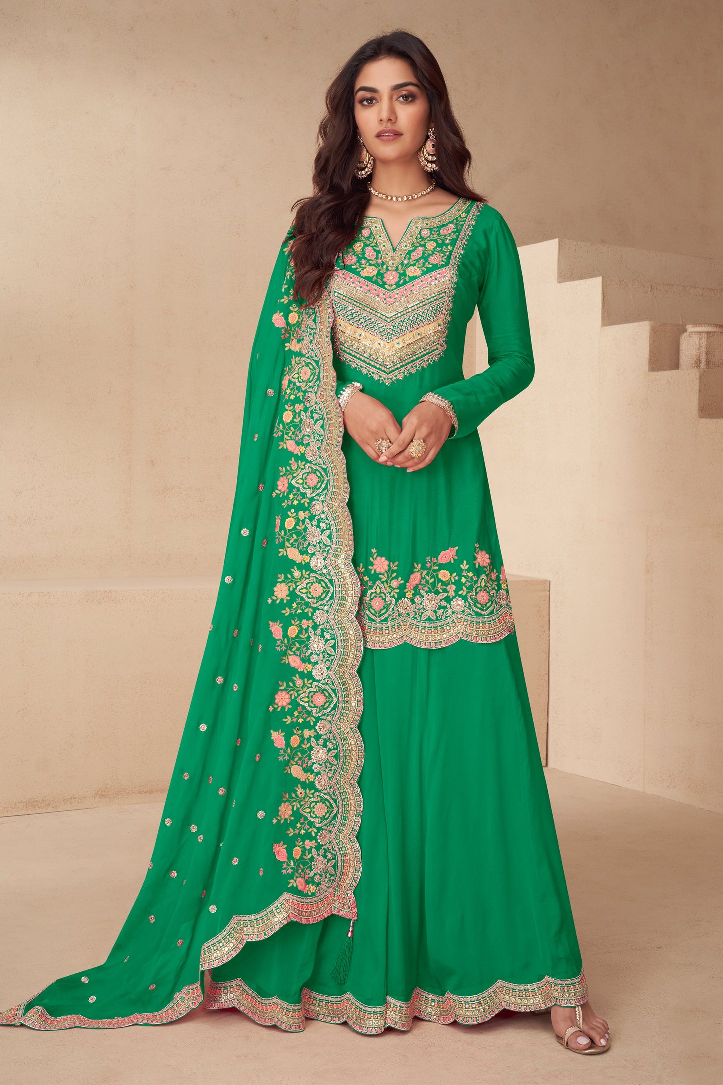 Green Readymade Embroidered Chinon Suit-SAR12047_1_SareeButa.com