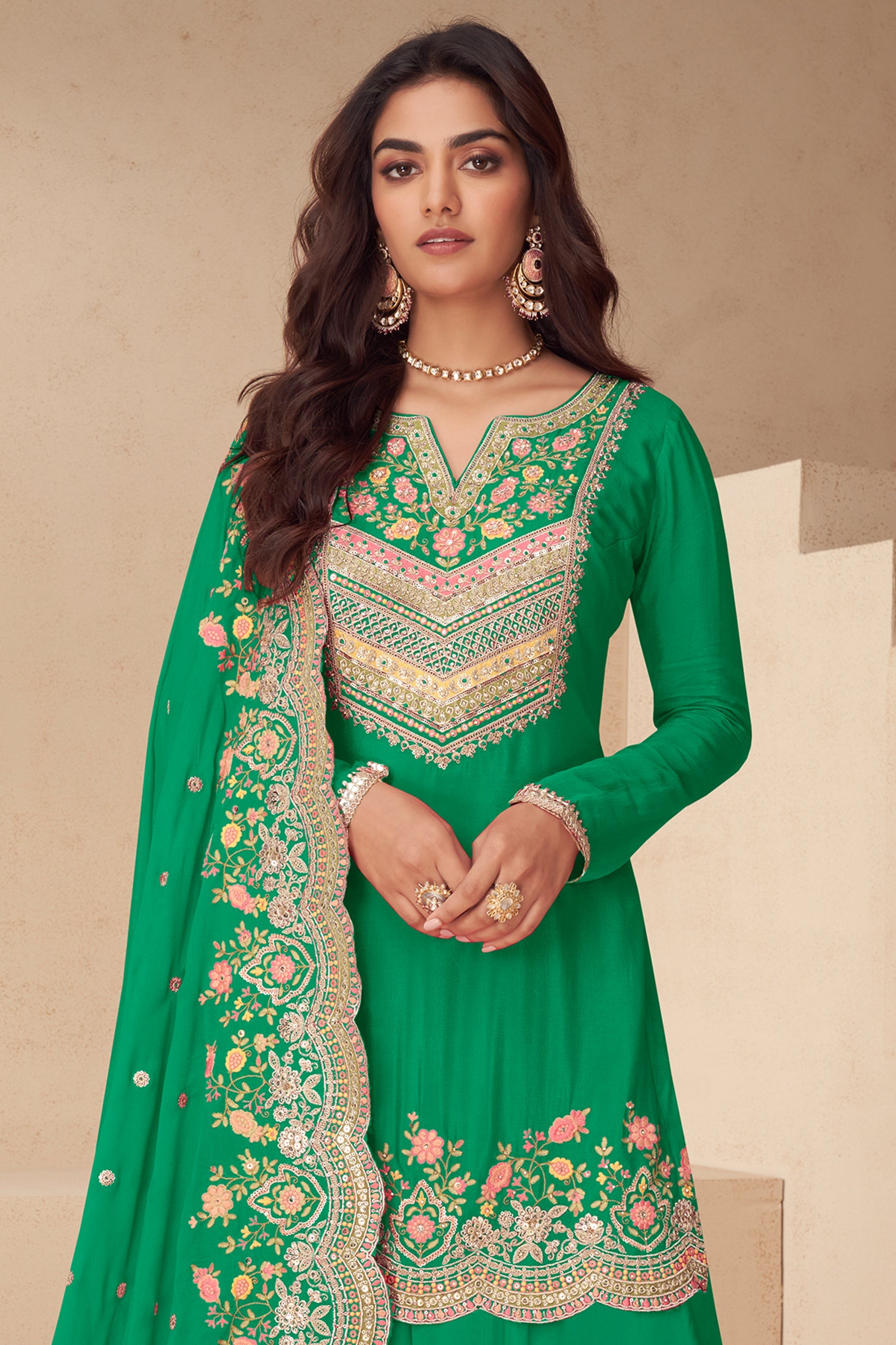 Green Readymade Embroidered Chinon Suit-SAR12047_3_SareeButa.com