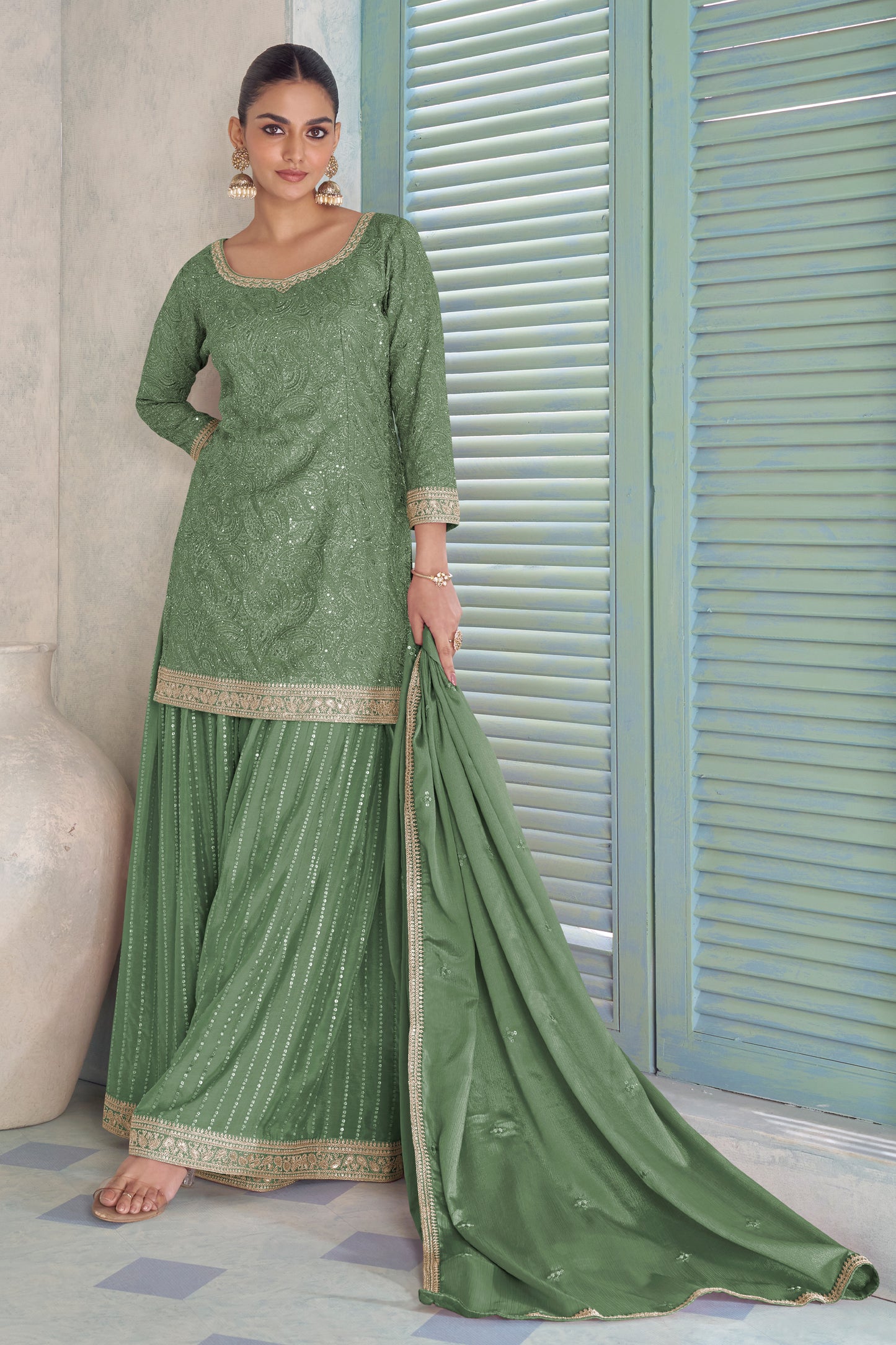 Green Readymade Embroidered Chinon Suit