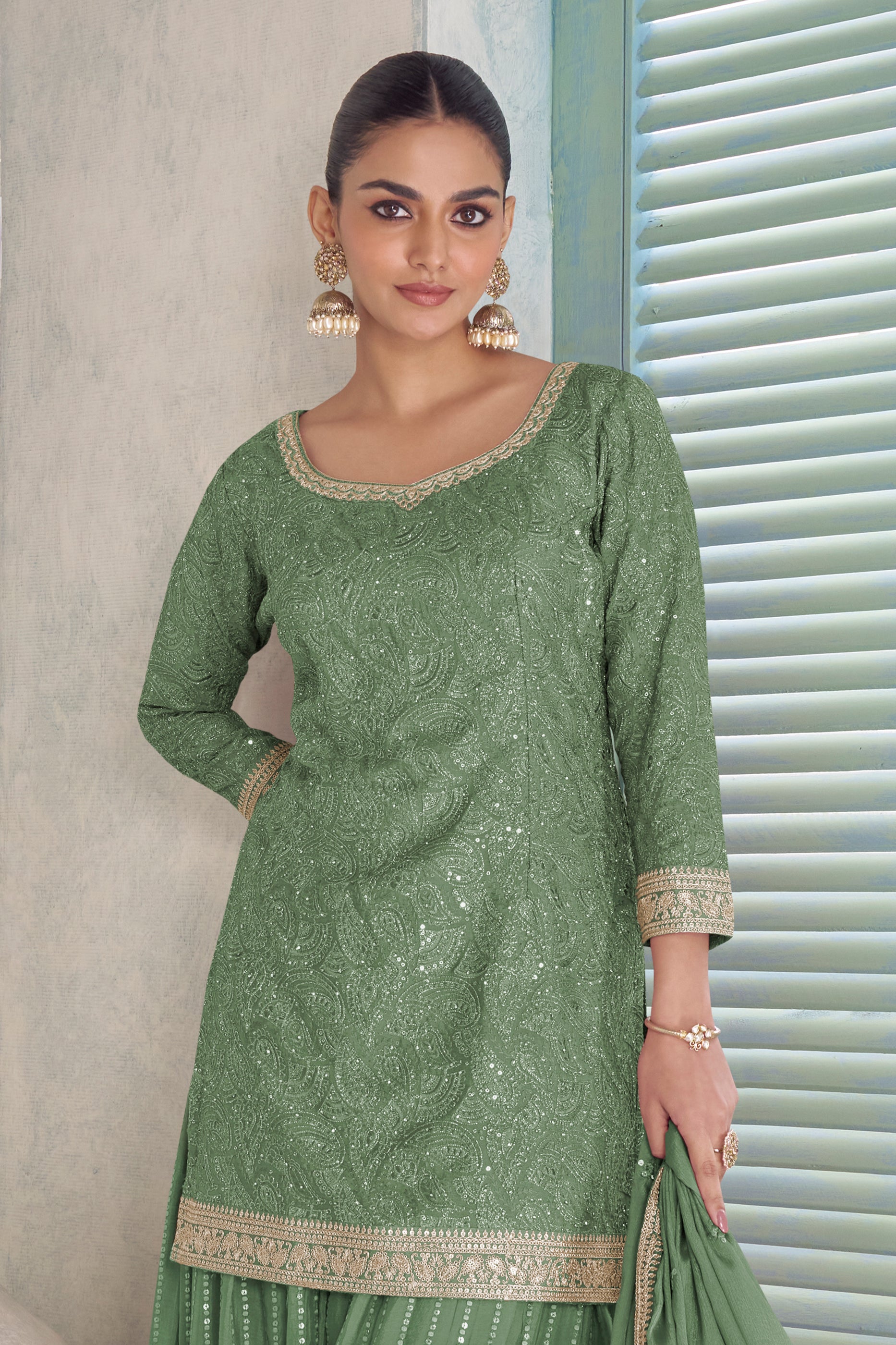 Green Readymade Embroidered Chinon Suit-SAR12240_3_SareeButa.com