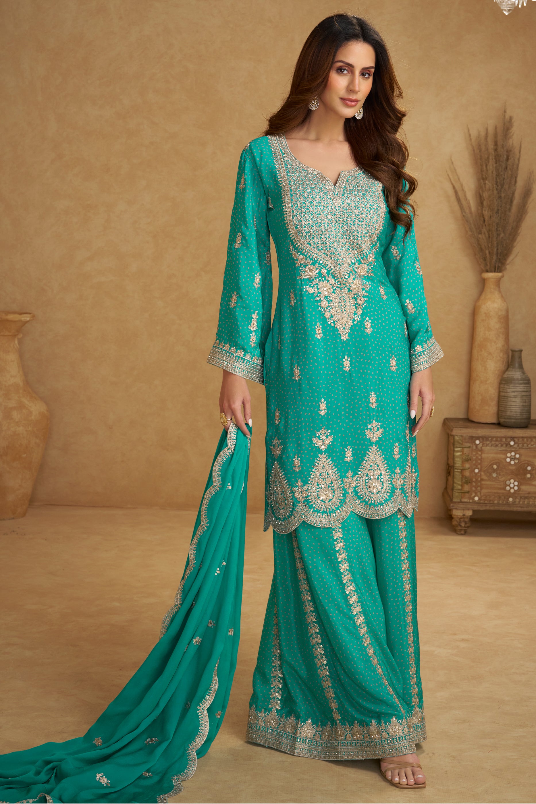 Green Readymade Embroidered Chinon Suit-SAR12501_1_SareeButa.com