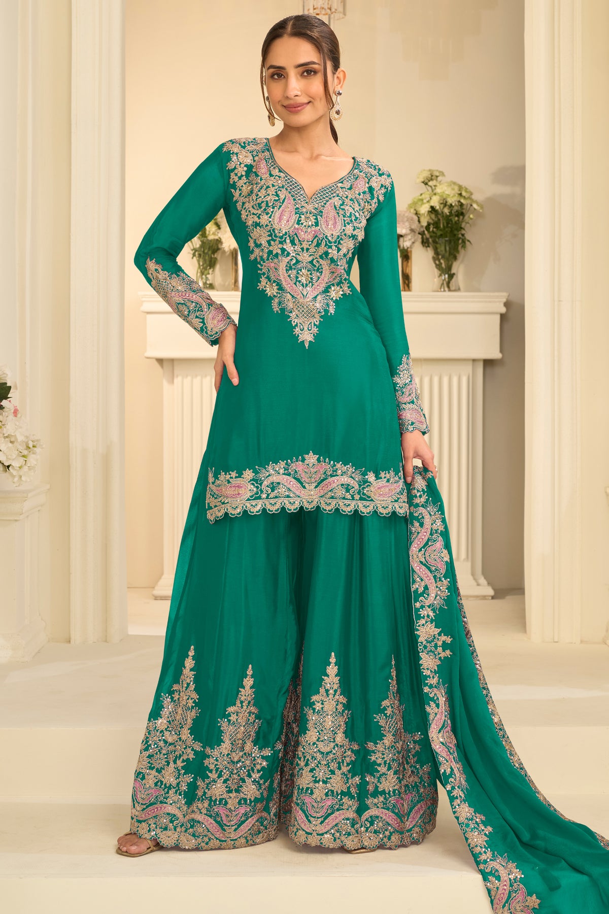 Green Readymade Embroidered Chinon Suit-SAR13295_1_SareeButa.com