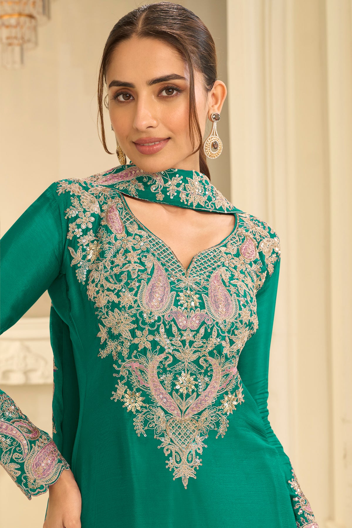 Green Readymade Embroidered Chinon Suit-SAR13295_2_SareeButa.com