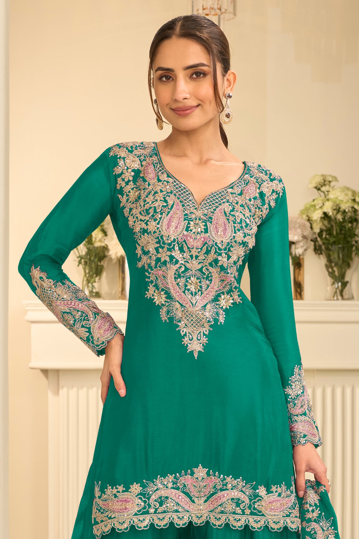 Green Readymade Embroidered Chinon Suit-SAR13295_4_SareeButa.com