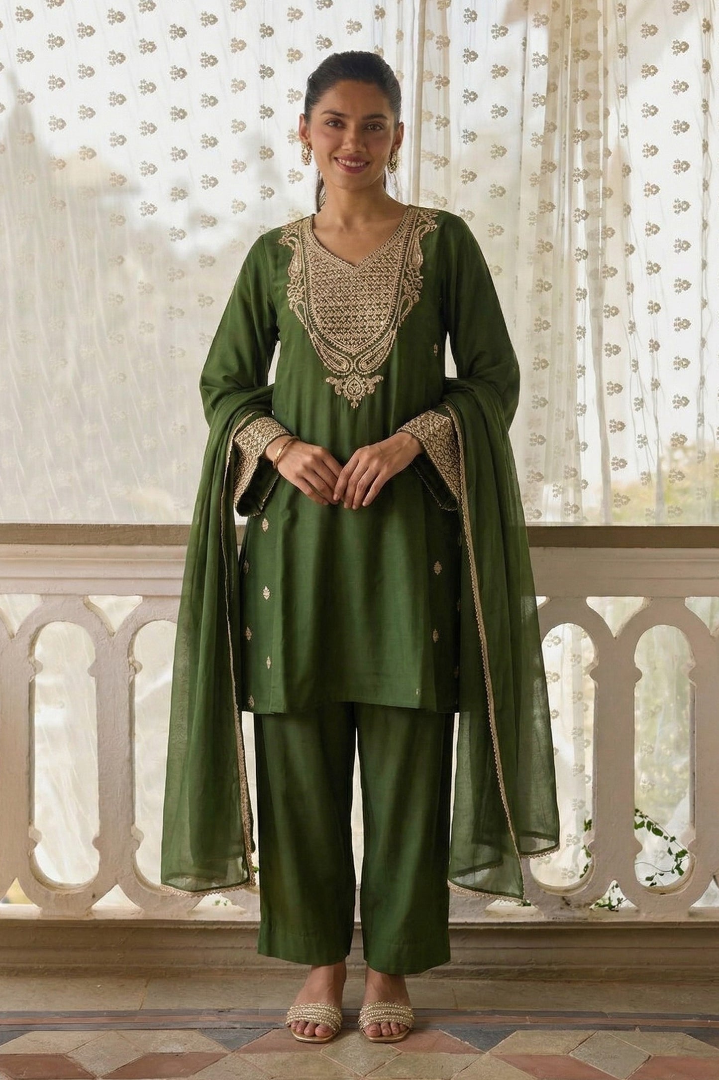 Green Readymade Embroidered Cotton Silk Suit-SAR12753_1_SareeButa.com