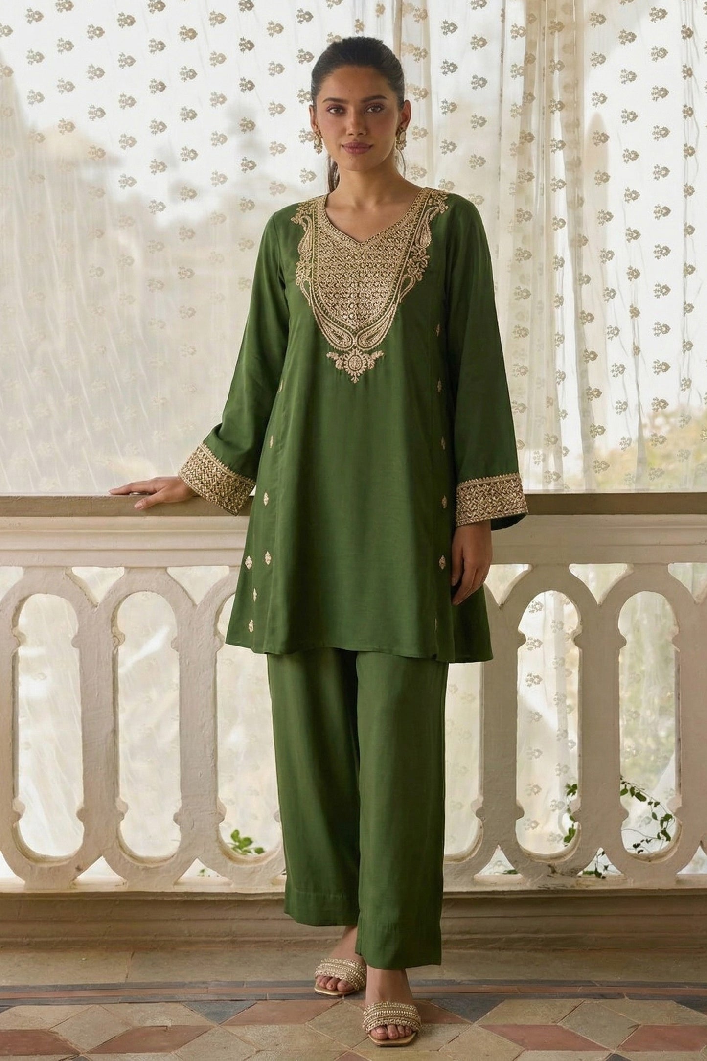 Green Readymade Embroidered Cotton Silk Suit-SAR12753_2_SareeButa.com