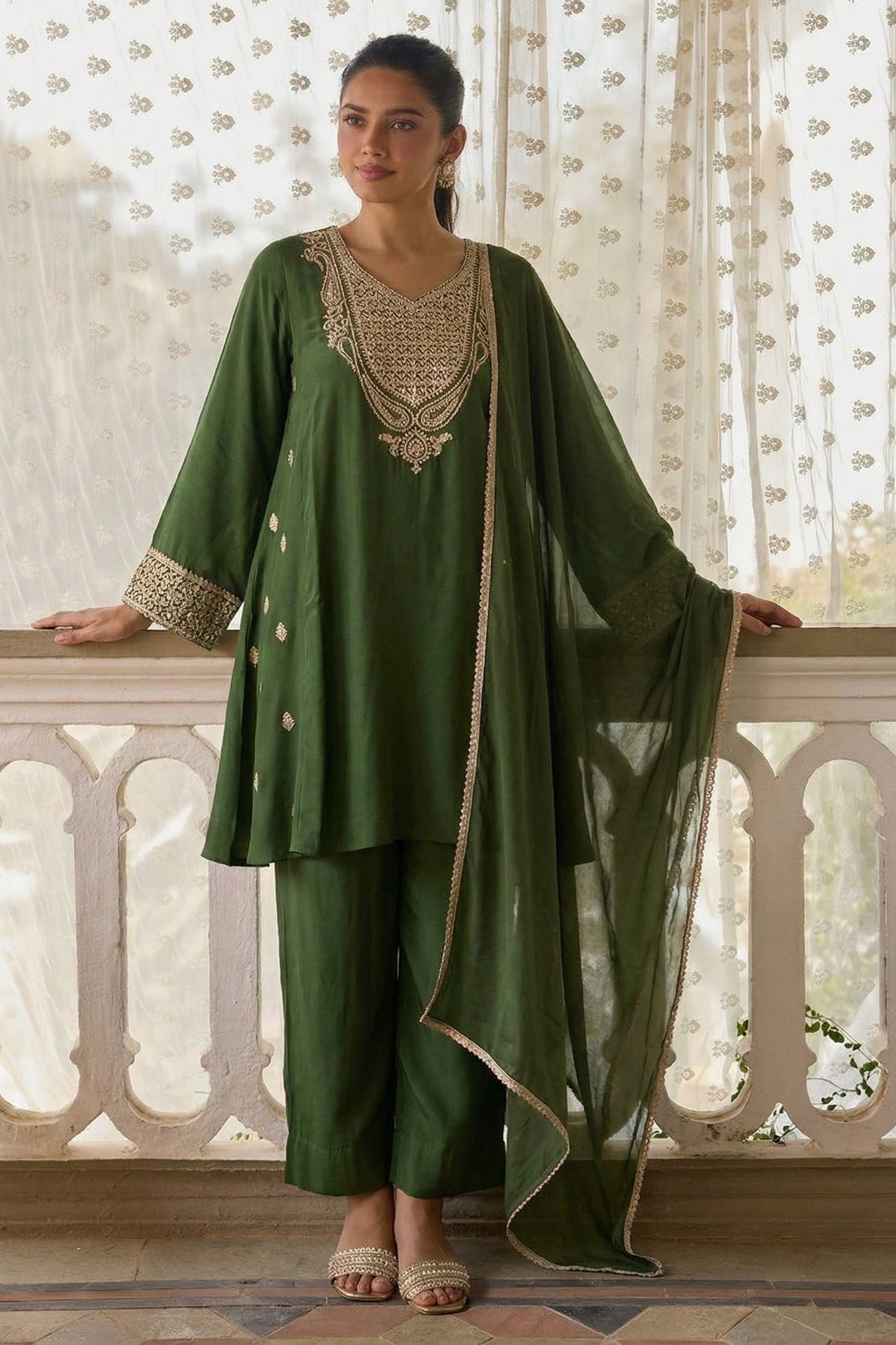 Green Readymade Embroidered Cotton Silk Suit-SAR12753_3_SareeButa.com
