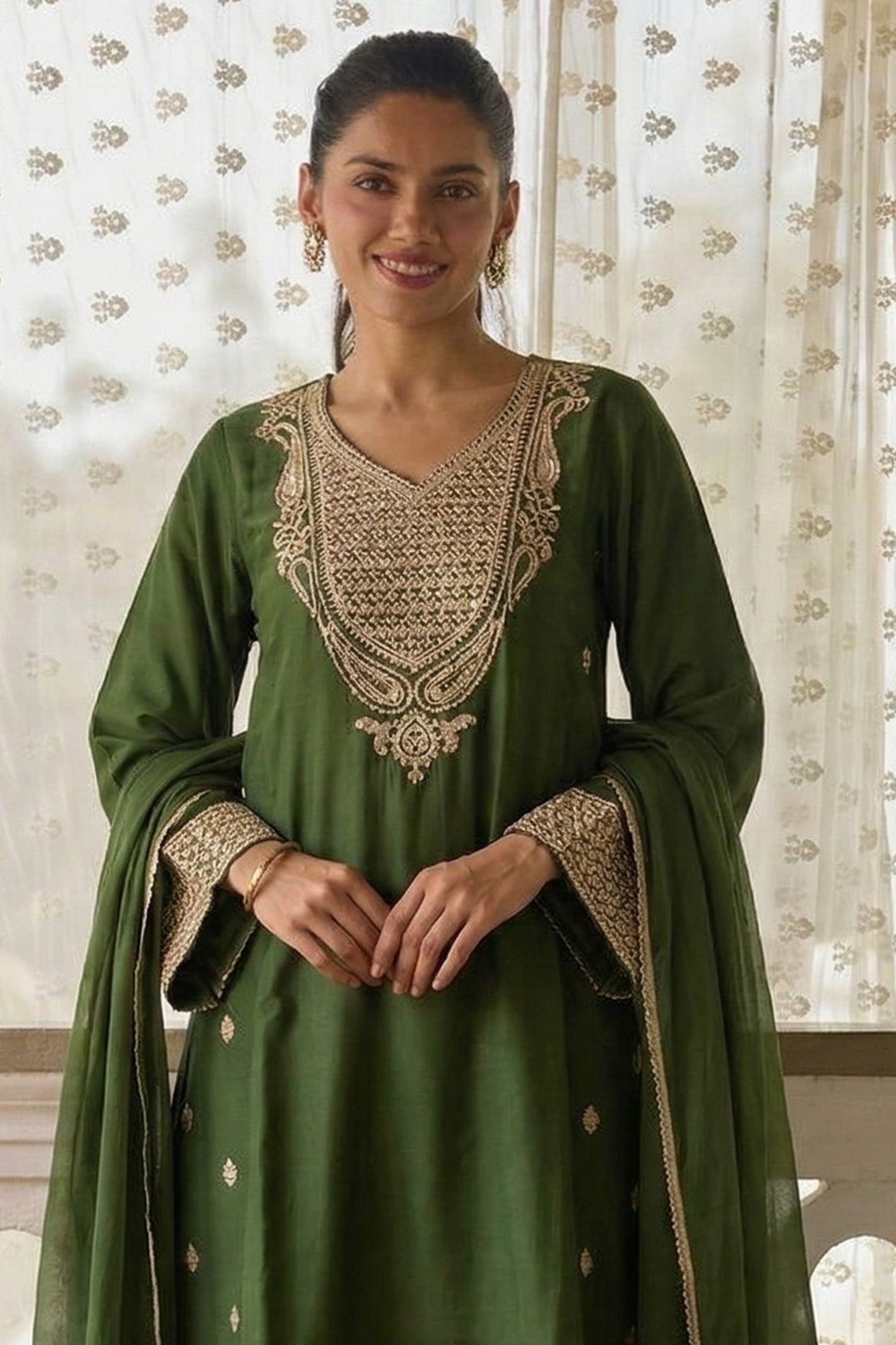 Green Readymade Embroidered Cotton Silk Suit-SAR12753_4_SareeButa.com