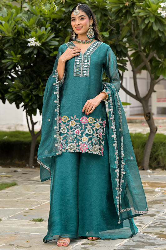 Green Readymade Embroidered Crush Satin Palazzo Suit-SAR13234_1_SareeButa.com