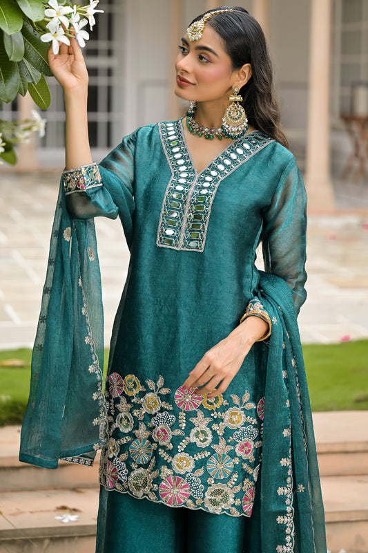 Green Readymade Embroidered Crush Satin Palazzo Suit-SAR13234_2_SareeButa.com