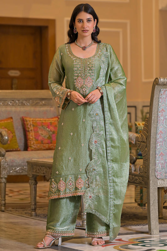 Green Readymade Embroidered Crush Satin Suit-SAR13230_1_SareeButa.com