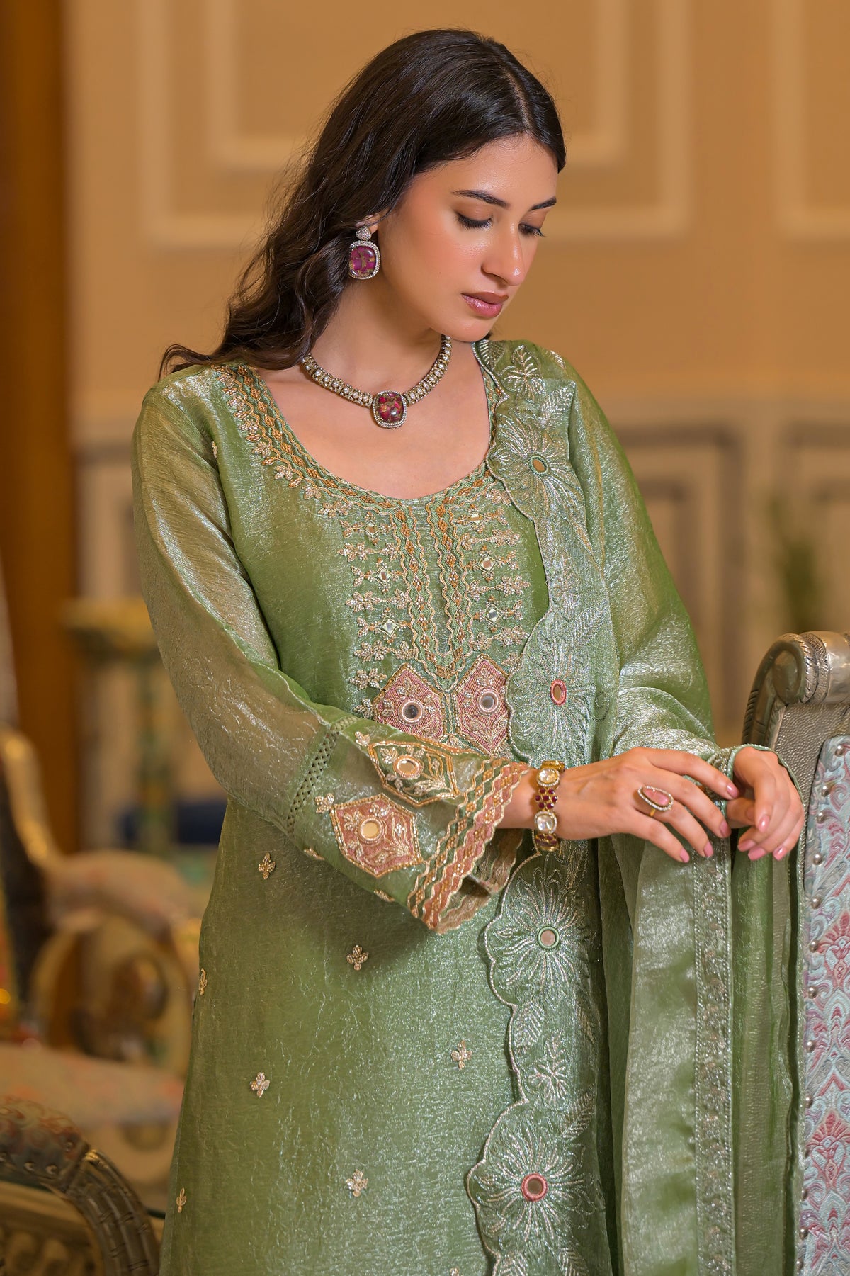 Green Readymade Embroidered Crush Satin Suit-SAR13230_2_SareeButa.com