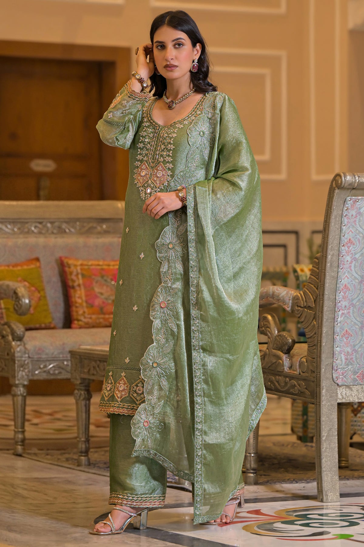 Green Readymade Embroidered Crush Satin Suit-SAR13230_3_SareeButa.com