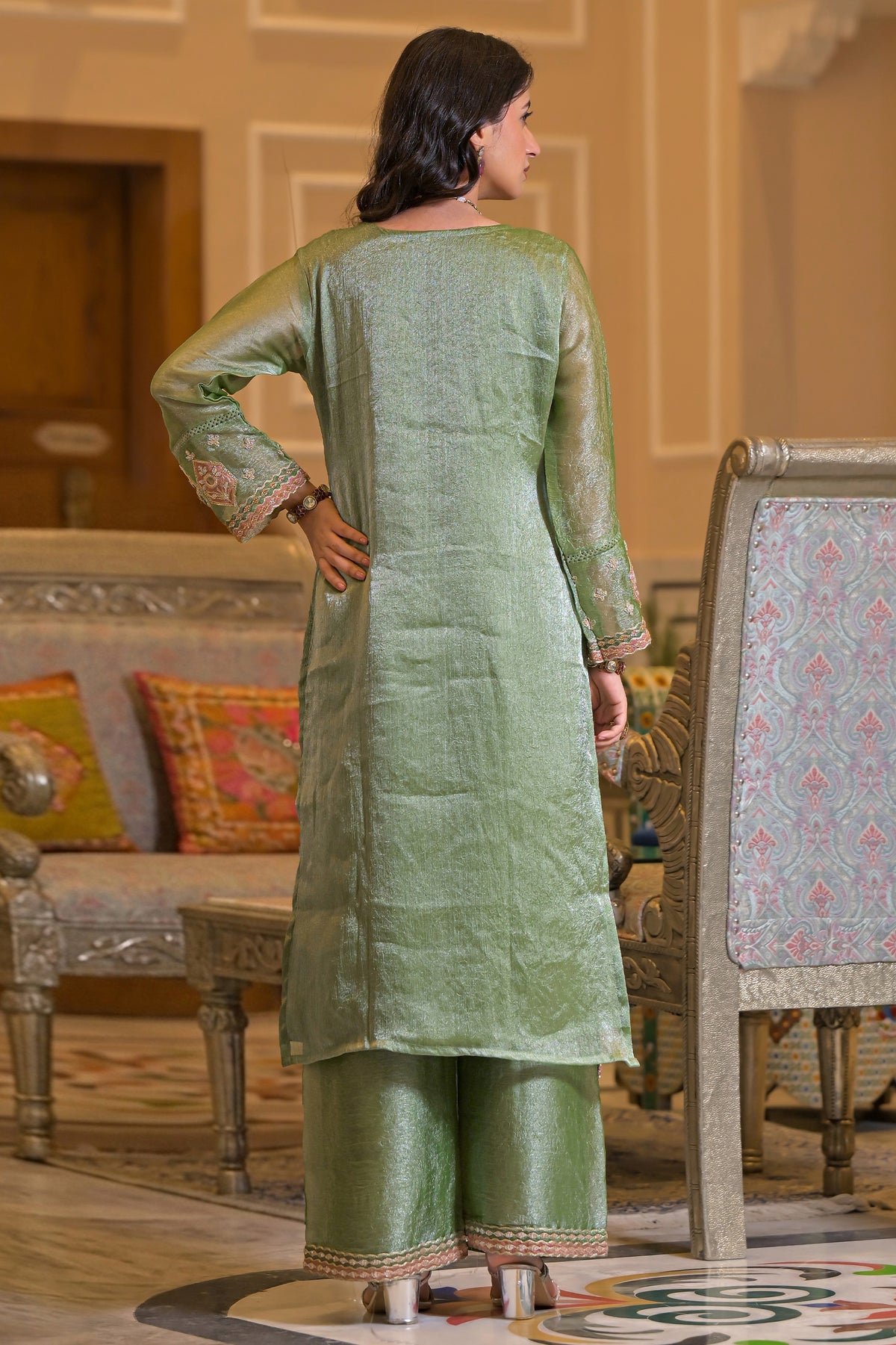Green Readymade Embroidered Crush Satin Suit-SAR13230_4_SareeButa.com