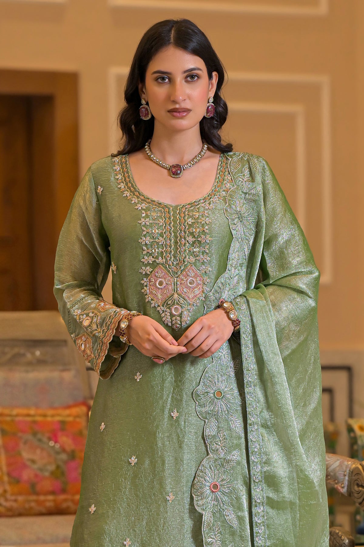 Green Readymade Embroidered Crush Satin Suit-SAR13230_5_SareeButa.com
