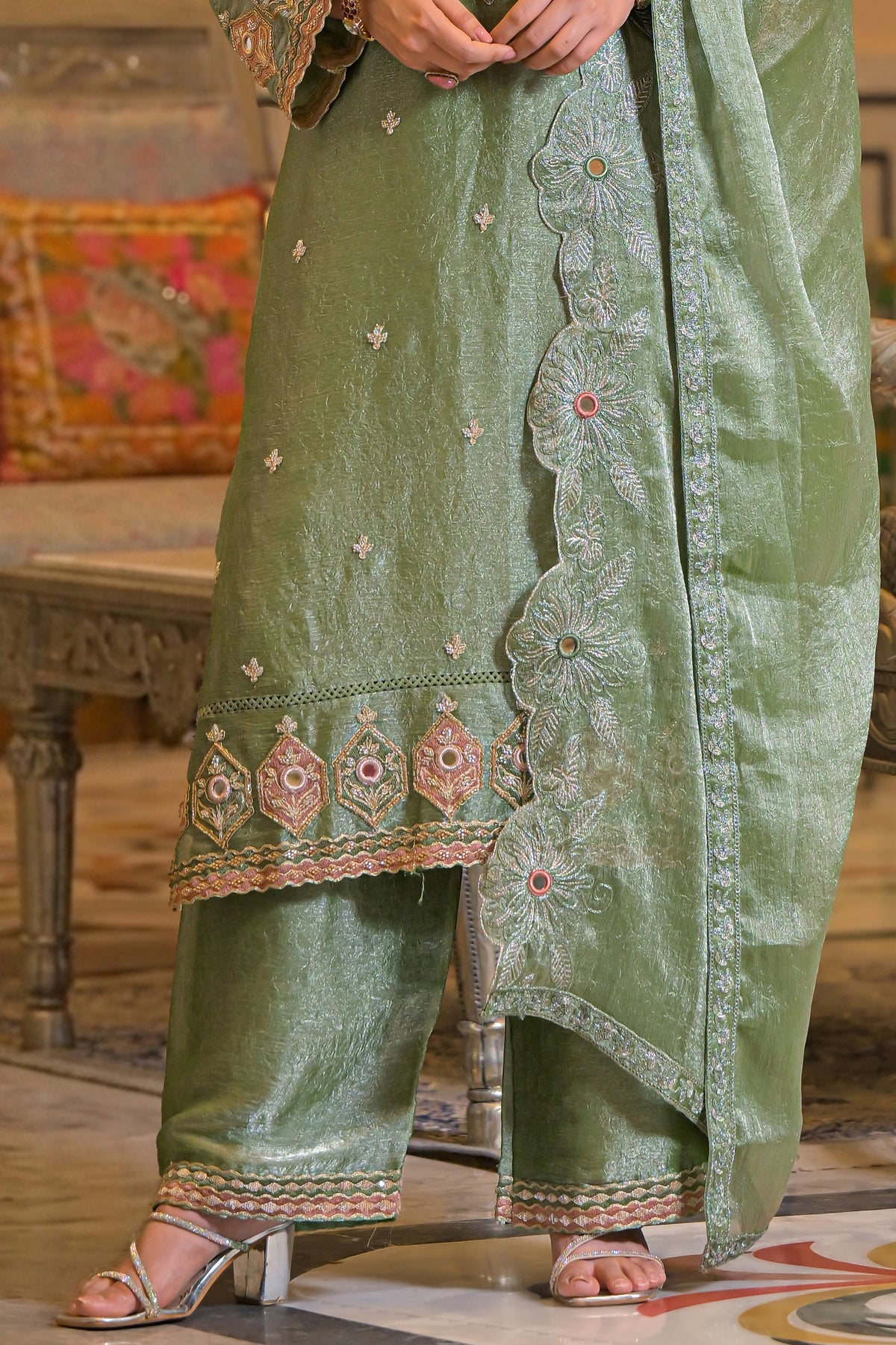Green Readymade Embroidered Crush Satin Suit-SAR13230_6_SareeButa.com