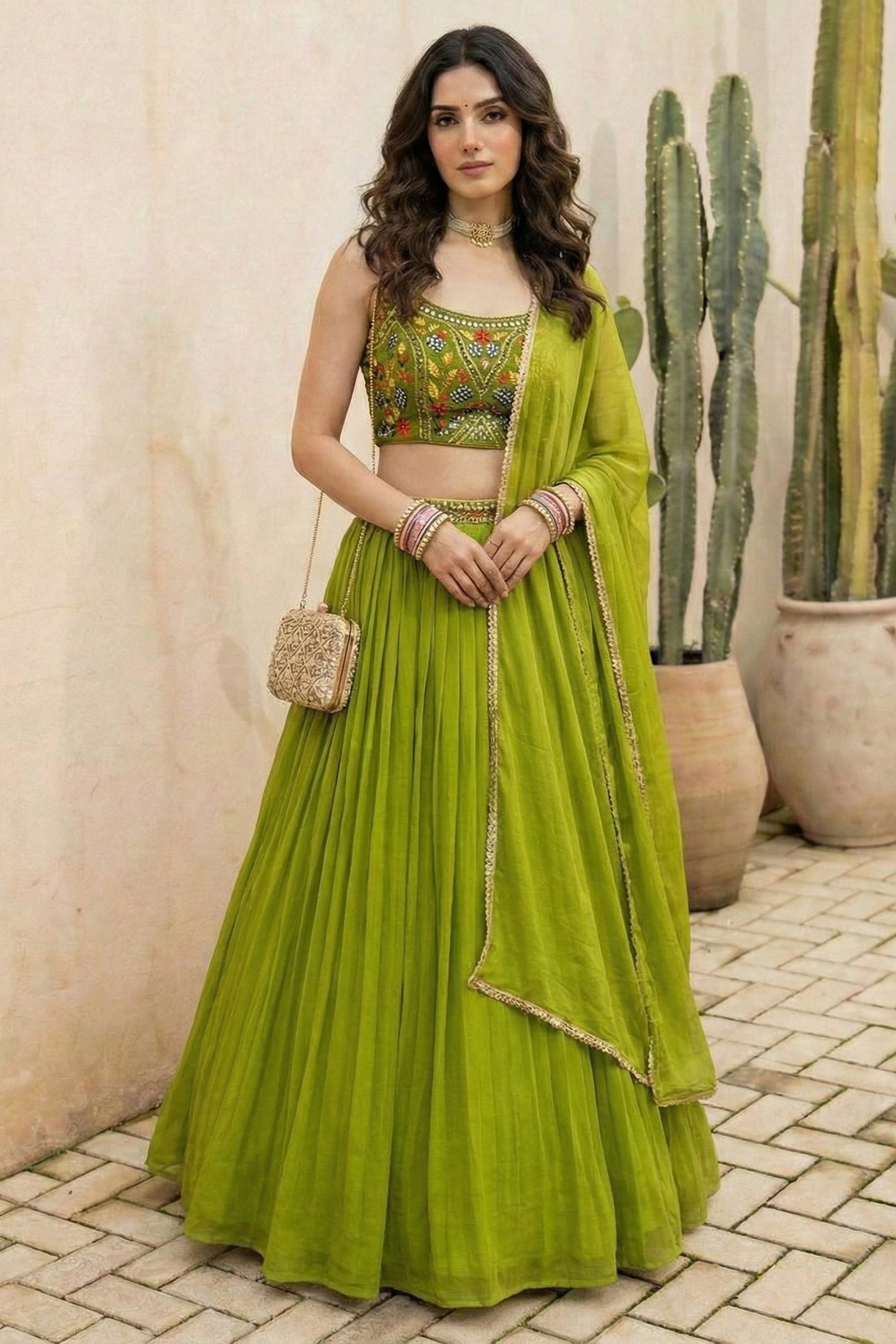 Green Readymade Embroidered Georgette Lehenga-SAR12776_1_SareeButa.com