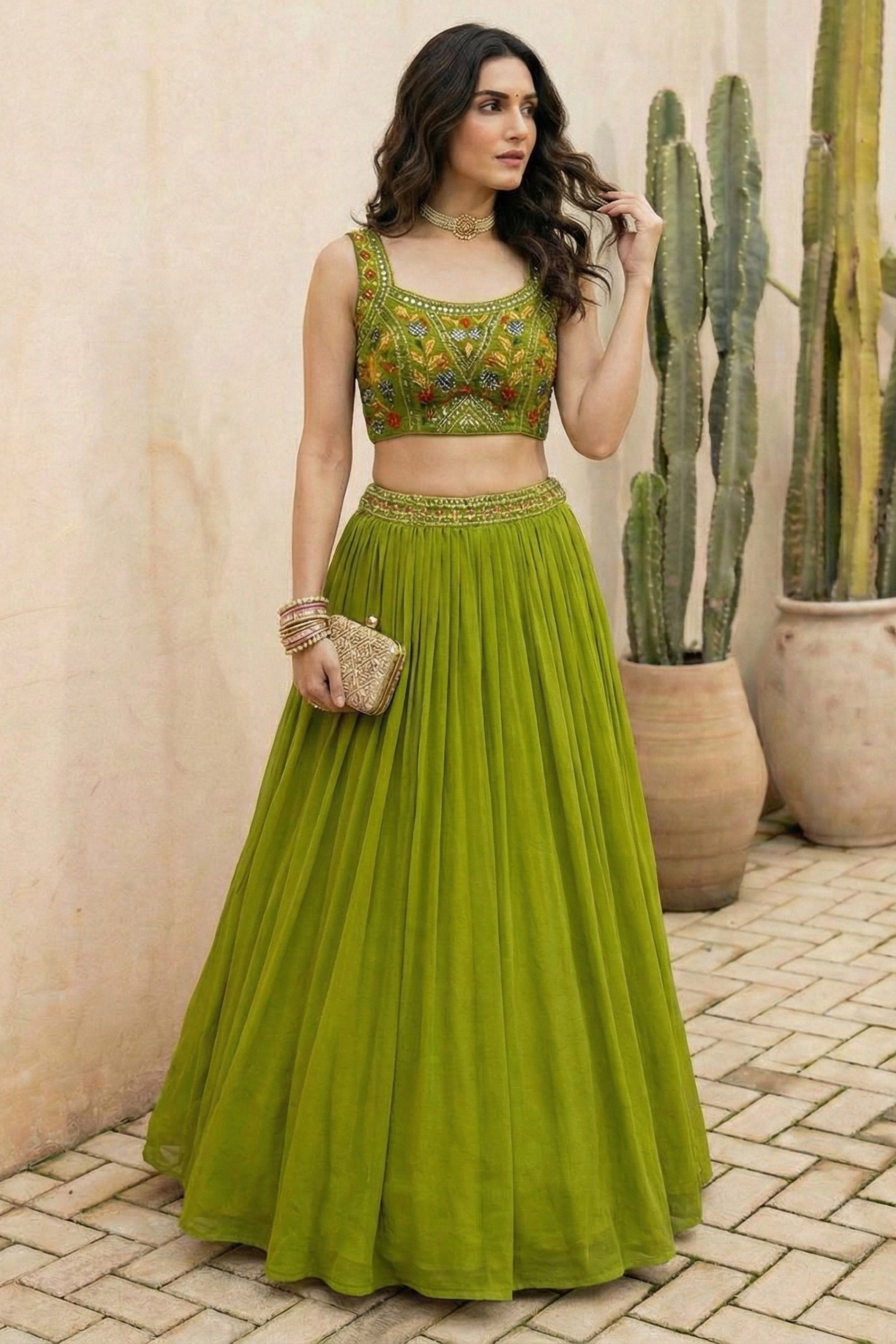Green Readymade Embroidered Georgette Lehenga-SAR12776_2_SareeButa.com