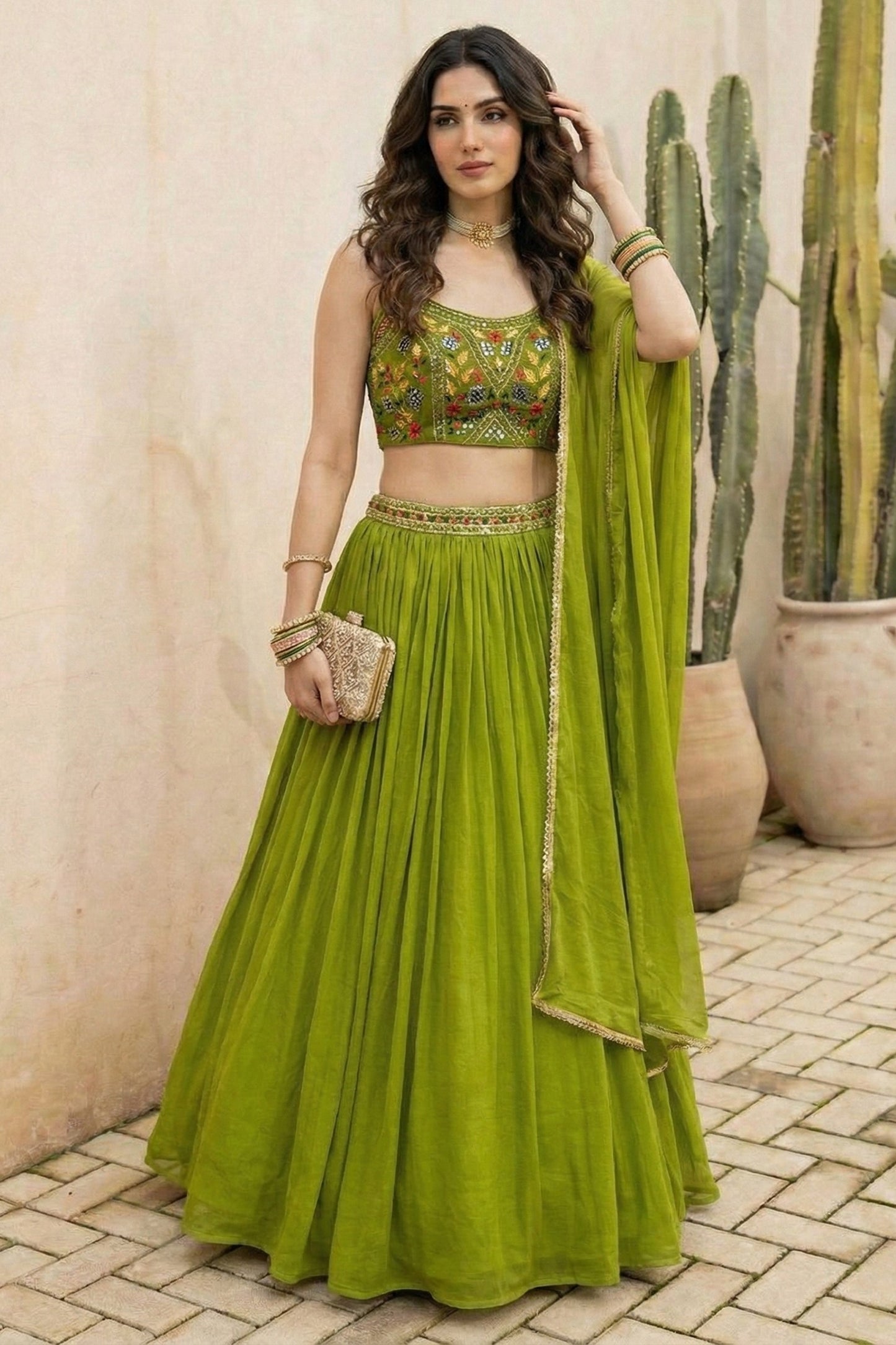Green Readymade Embroidered Georgette Lehenga-SAR12776_4_SareeButa.com