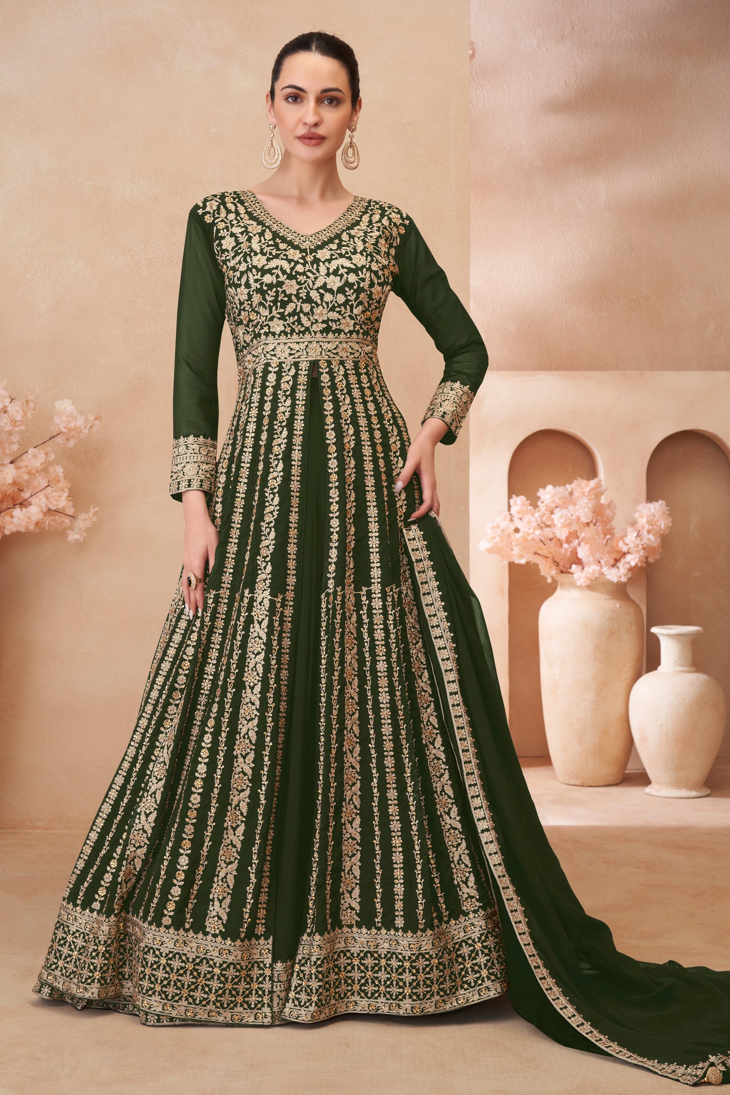 Green Readymade Embroidered Georgette Skirt Suit-SAR12177_1_SareeButa.com