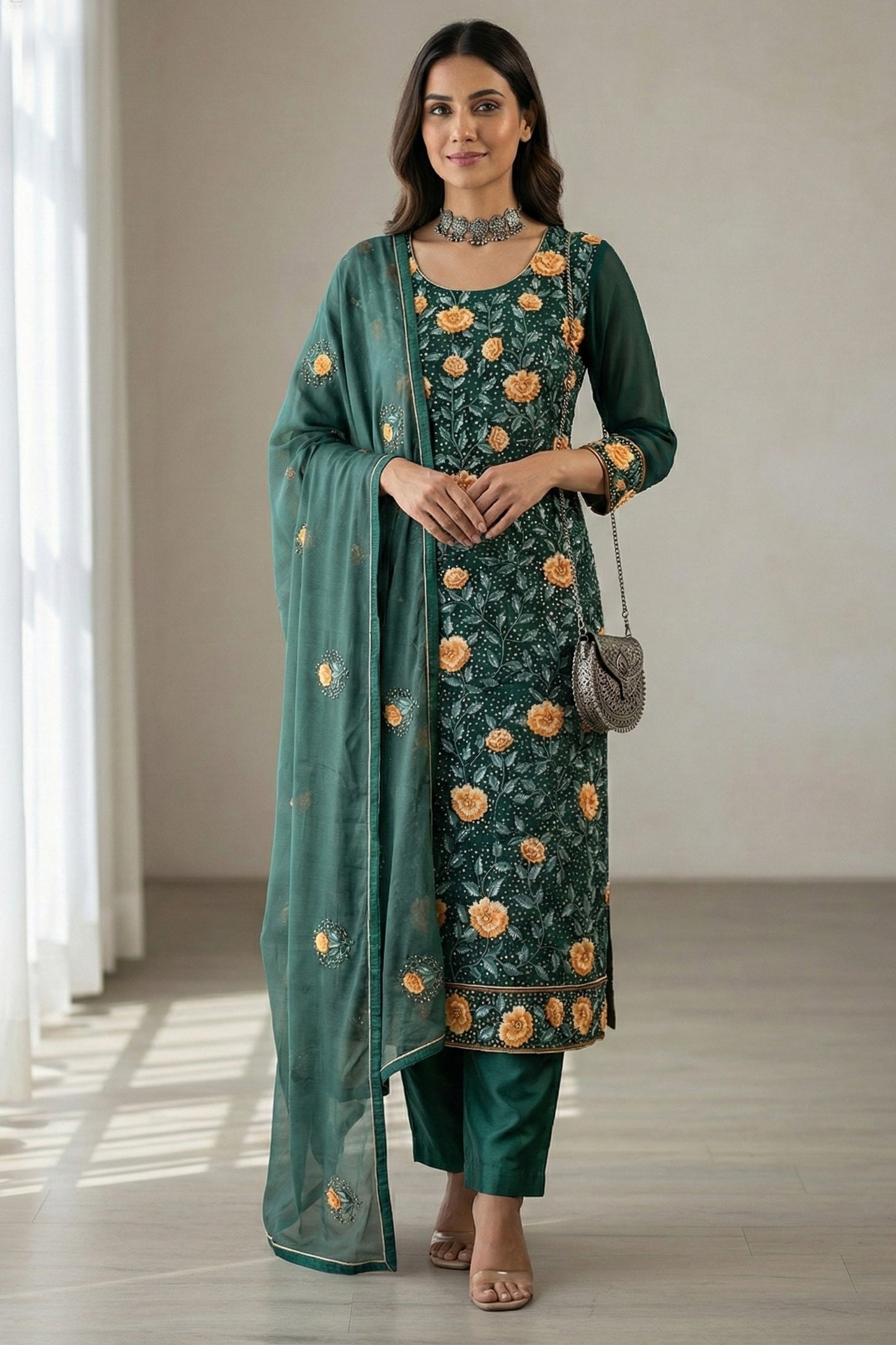 Green Readymade Embroidered Georgette Suit-SAR12762_1_SareeButa.com