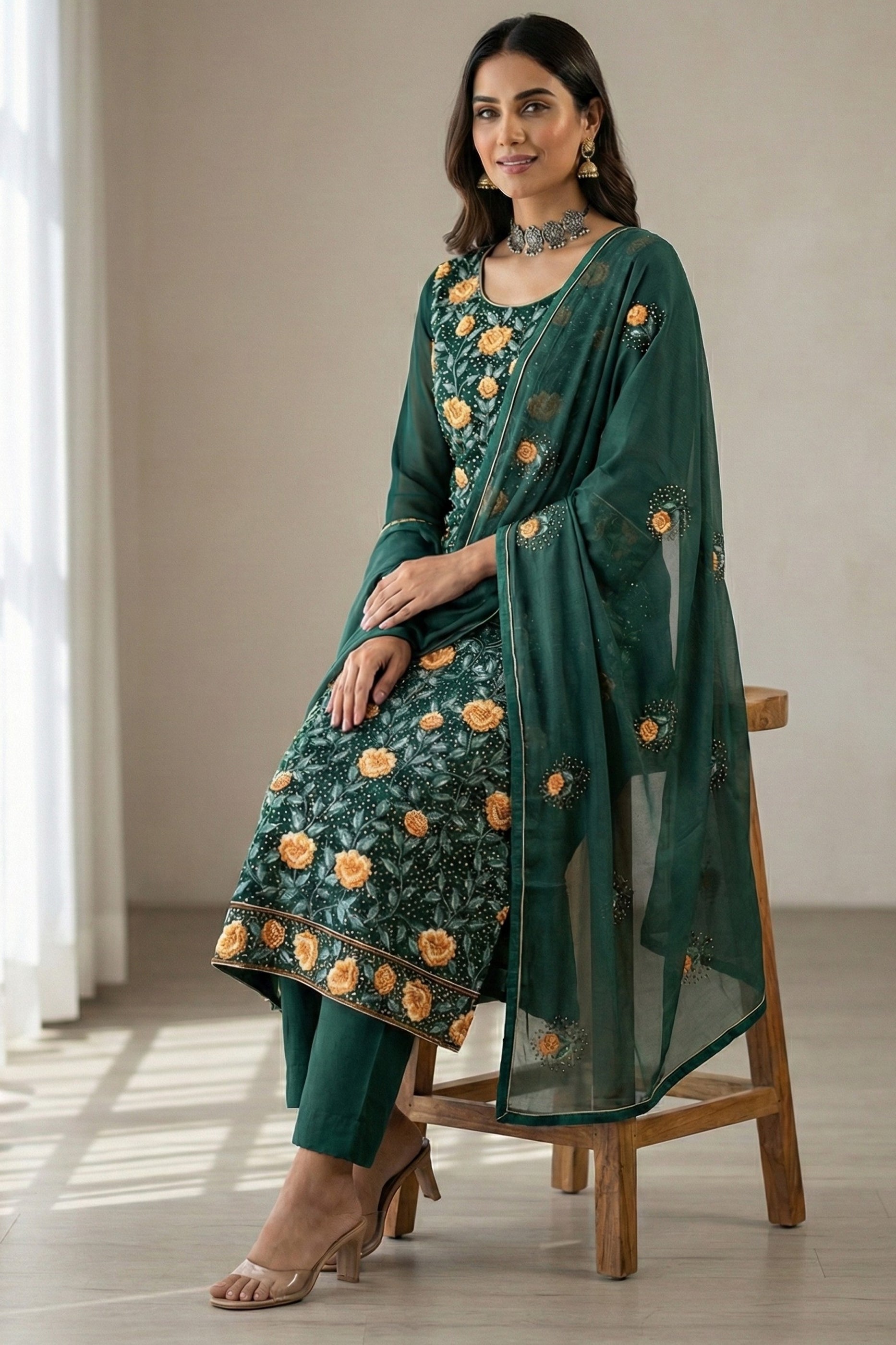 Green Readymade Embroidered Georgette Suit-SAR12762_2_SareeButa.com
