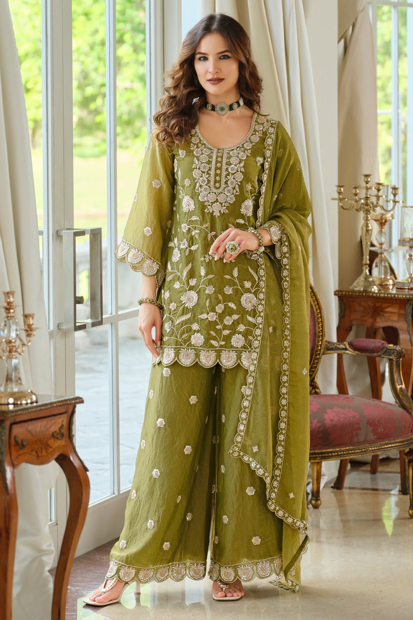 Green Readymade Embroidered Moss Silk Suit-SAR12173_1_SareeButa.com